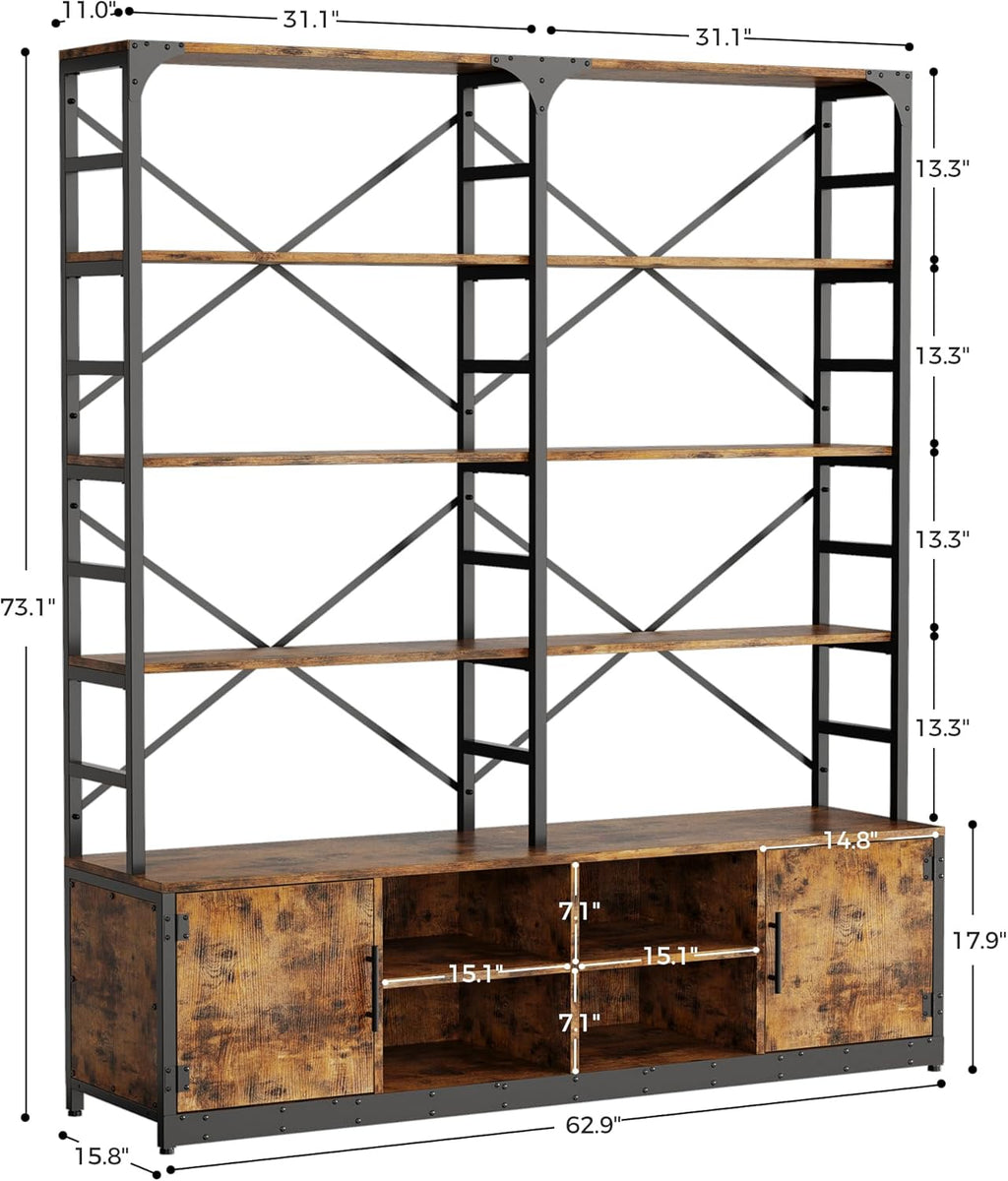 IRONCK Bookshelves 6 Tiers 73.1 inch Tall Industrial Bookshelf with Doors, Bookcase and Display Shelf, Open Storage Cabinet for Living Room, Home Office