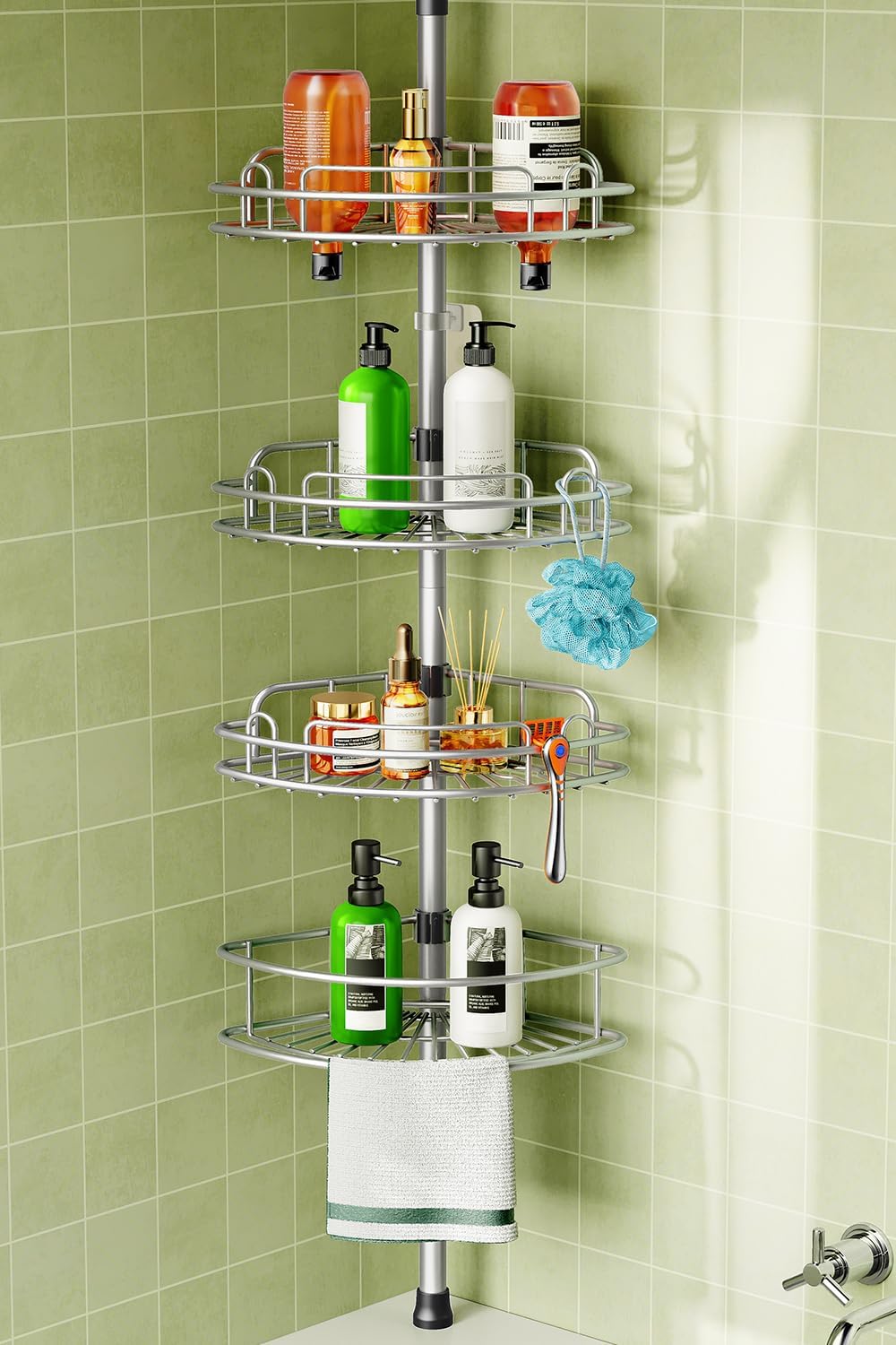 HAMITOR Corner Shower Caddy Tension Pole: 4-Tier Rust-Resistant Adjustable Bathroom Organizer Shelves - 47-121 Inch No-Drill Quick Installation - Space-Saving Storage for Renters Family - Silver Gray