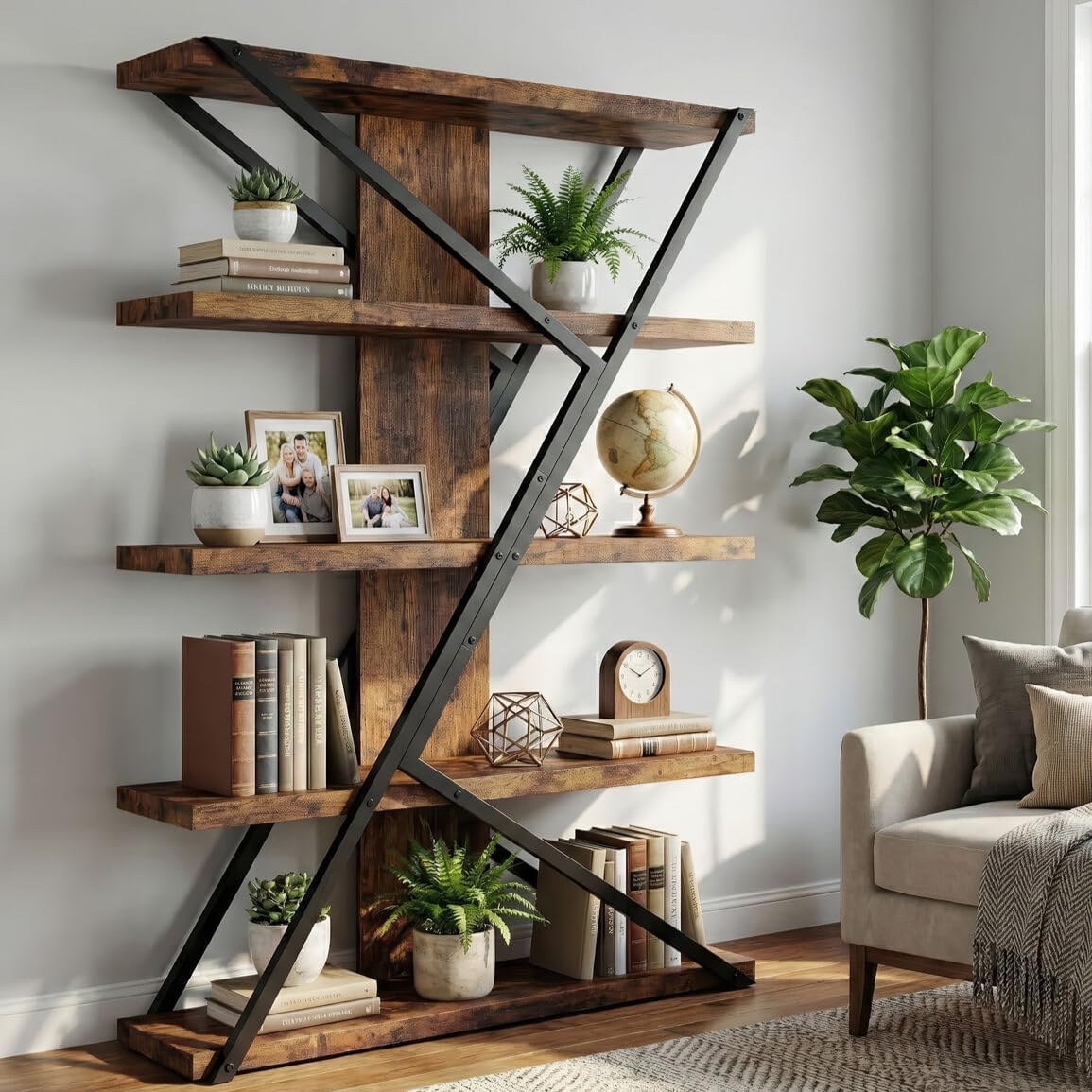 FUSUNBAO Industrial Bookshelf, Vintage 5-Tier Tall Bookcase with Wood and Metal Frame, Rustic Large Display Shelf for Home Office, 67" H x 47" L x 12" W, Rustic Brown