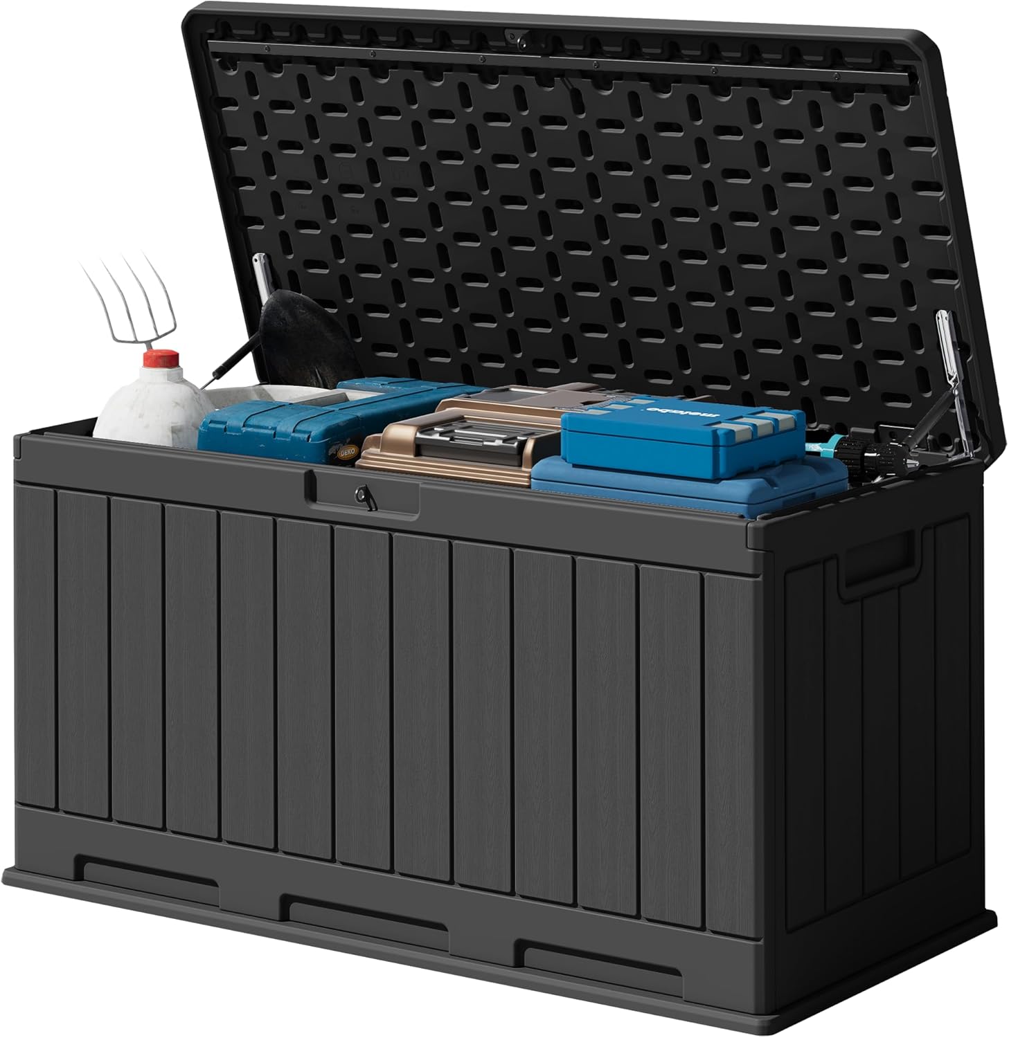 Devoko 78 Gallon Deck Box, Waterproof Resin Outdoor Storage Box for Outside and Patio, Outdoor Storage Bench Lockable for Patio Furniture, Garden Tools and Pool Supplies (Black, 78 Gallon)
