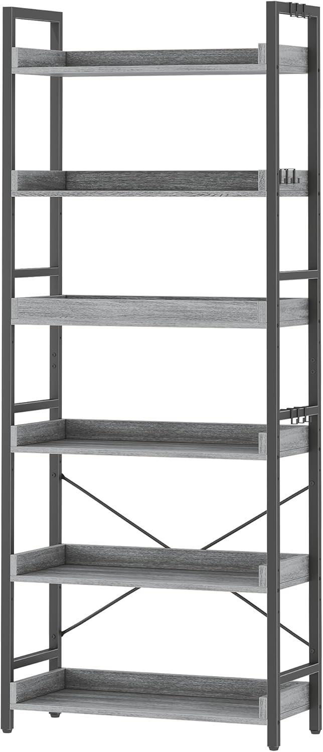 HCHQHS Bookshelf, Adjustable Industrial Bookcase, Vertical Tall Book Shelf, Wood and Black Metal Open Bookshelves for Home Office, Living Room, Bedroom (Rustic Brown, 6-Tier (31" W x 70" H))