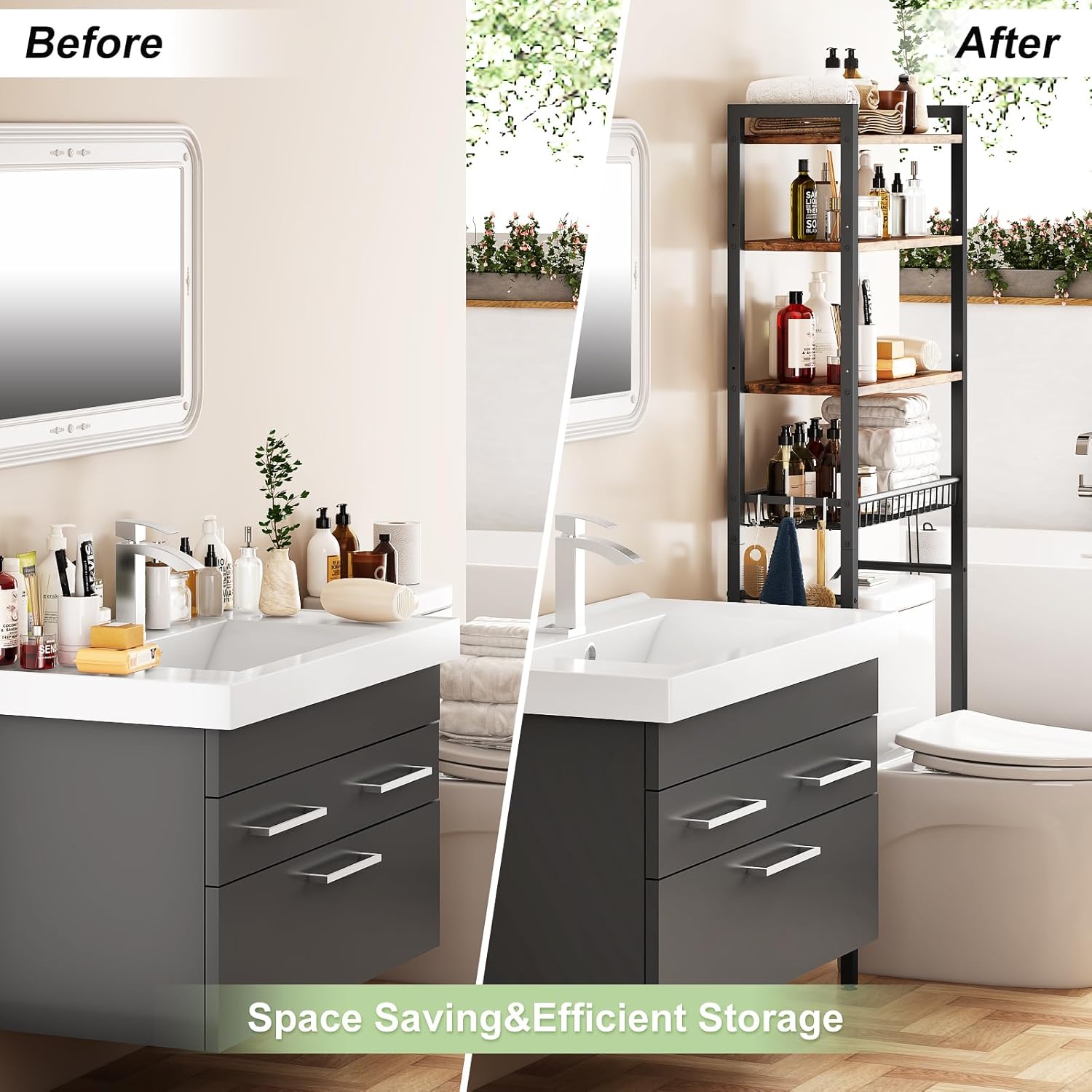 Kalrin Over-The-Toilet Storage Rack, 4-Tier Bathroom Organizer Shelf Over Toilet with Adjustable Shelf and Basket, Freestanding Space Saver Bathroom Shelves Above Toilet for Room (Vintage Brown)