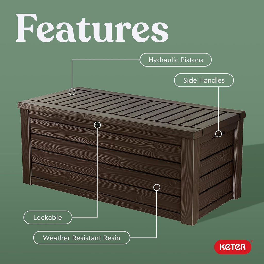 Keter Westwood 150 Gallon Deck Box Organizer, Doubles as 2-Person Bench Seat, Brown – Large Resin Outdoor Storage and Seating with Lockable Lid for Garden, Pool, and Patio