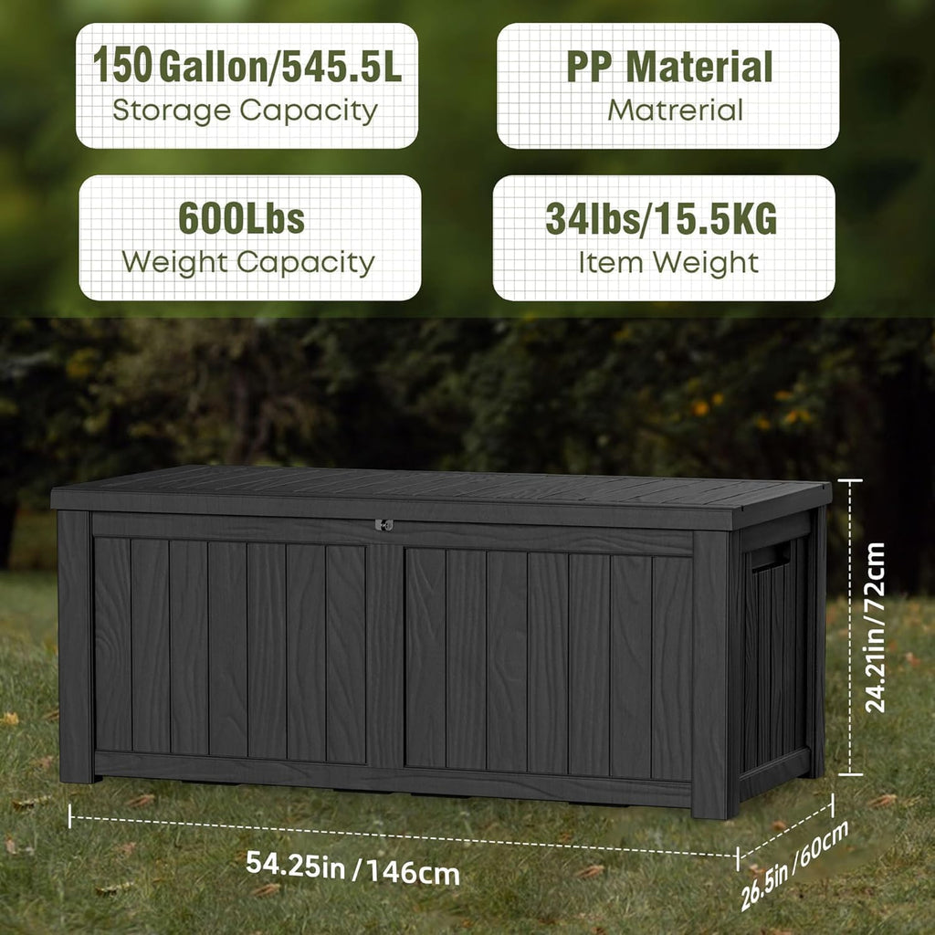MAIUSCOLI 150 Gallon Waterproof Outdoor Storage Box,Resin Deck Box,Lockable Outside Storage Box Container for Patio Furniure,Garden,Tools (150 Gallon,Black)