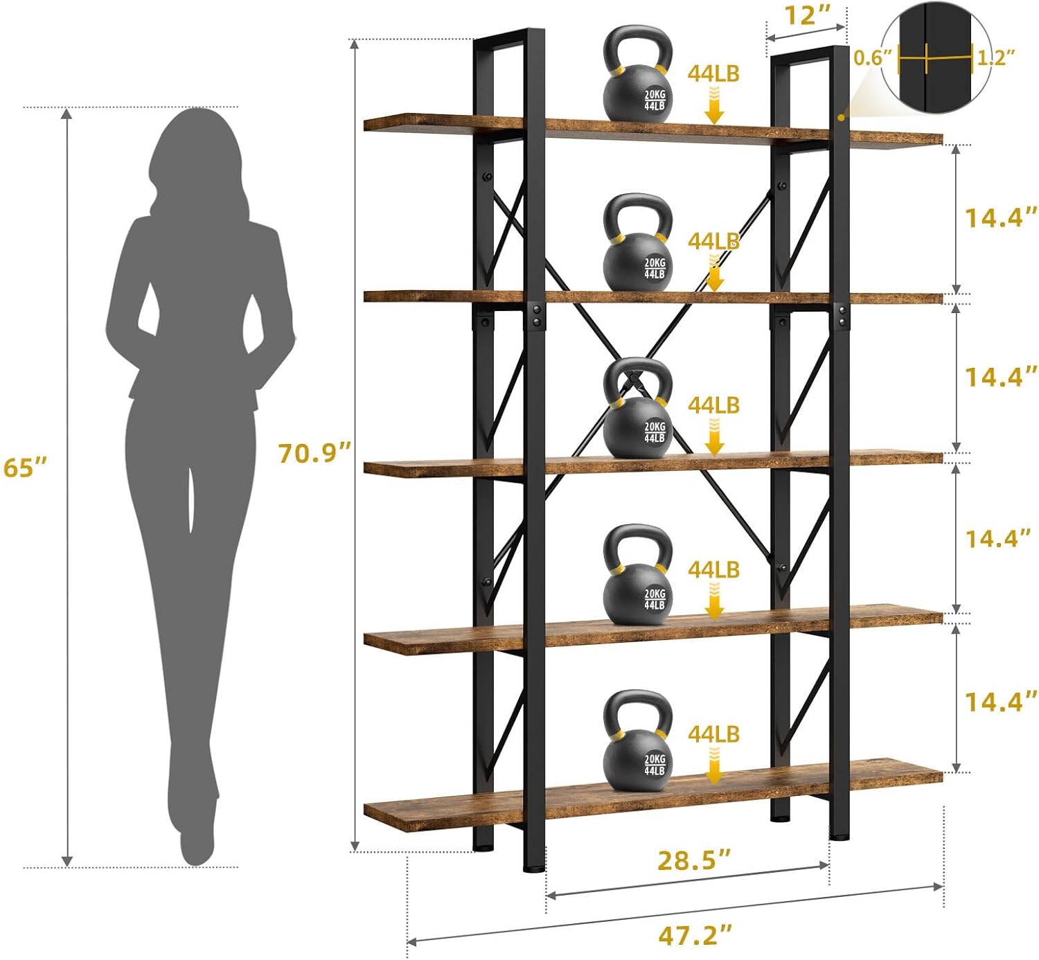 DWVO 5 Tier Bookshelf, 70.9" H Tall Bookcase Industrial Book Shelf Vintage Storage Organizer, Free Standing Storage Shelving Unit for Living Room, Bedroom, Home Office, Rustic Brown