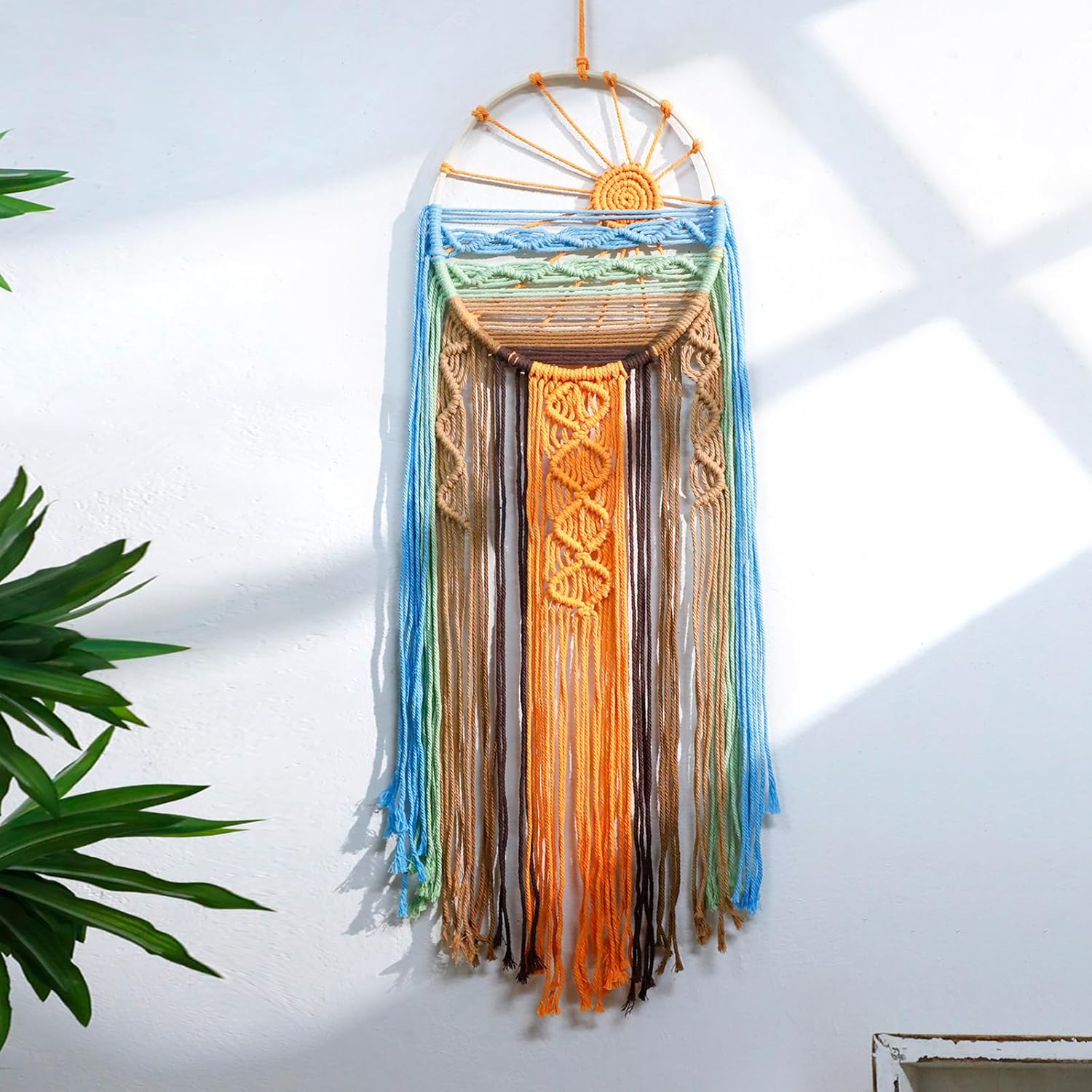 3 Pack Macrame Wall Hanging Tapestry Sunrise Sunset Wall Art Set, Hand Woven Boho Tapestries Colorful Sun Wall Decor for Bedroom Living Room Apartment (3 Pcs)