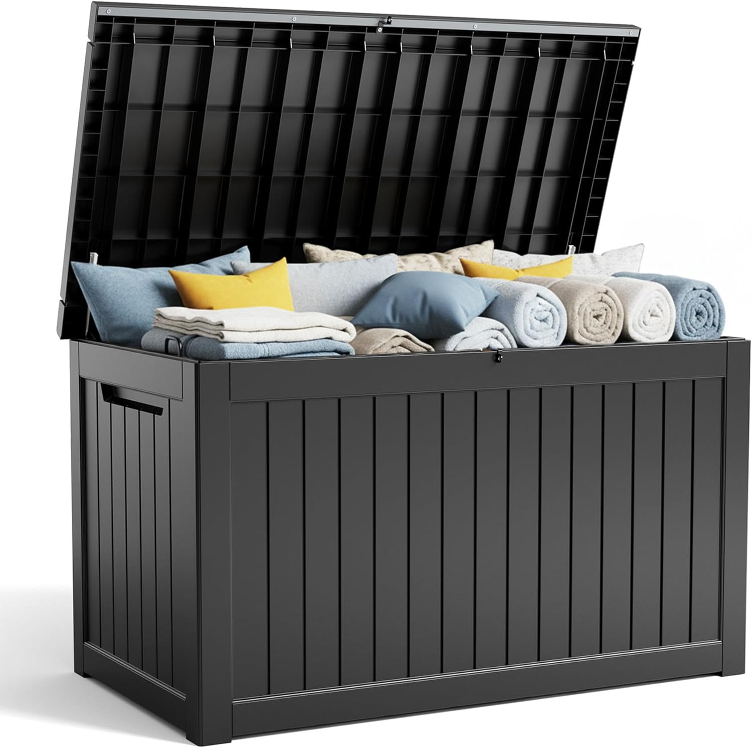 MAIUSCOLI 150 Gallon Waterproof Outdoor Storage Box,Resin Deck Box,Lockable Outside Storage Box Container for Patio Furniure,Garden,Tools (150 Gallon,Black)
