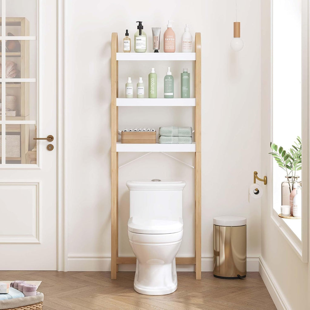 Spirich Over The Toilet Storage Shelf, 3-Tier Over Toilet Bathroom Organizer, Space-Saving Above Toilet Storage Shelf Rack with Bamboo Frame