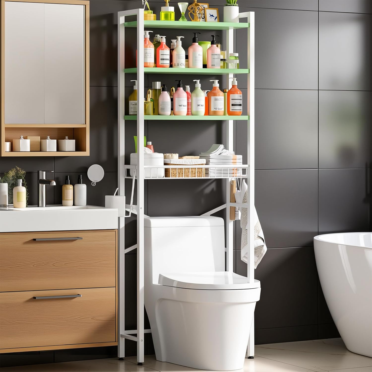 Kalrin Over-The-Toilet Storage Rack, 4-Tier Bathroom Organizer Shelf Over Toilet with Adjustable Shelf and Basket, Freestanding Space Saver Bathroom Shelves Above Toilet for Room (Pure White)