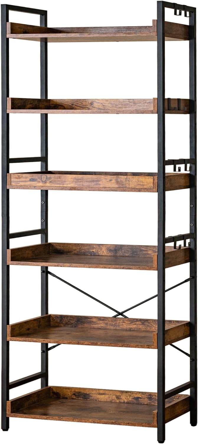 HCHQHS Bookshelf, Adjustable Industrial Bookcase, Vertical Tall Book Shelf, Wood and Black Metal Open Bookshelves for Home Office, Living Room, Bedroom (Rustic Brown, 6-Tier (31" W x 70" H))