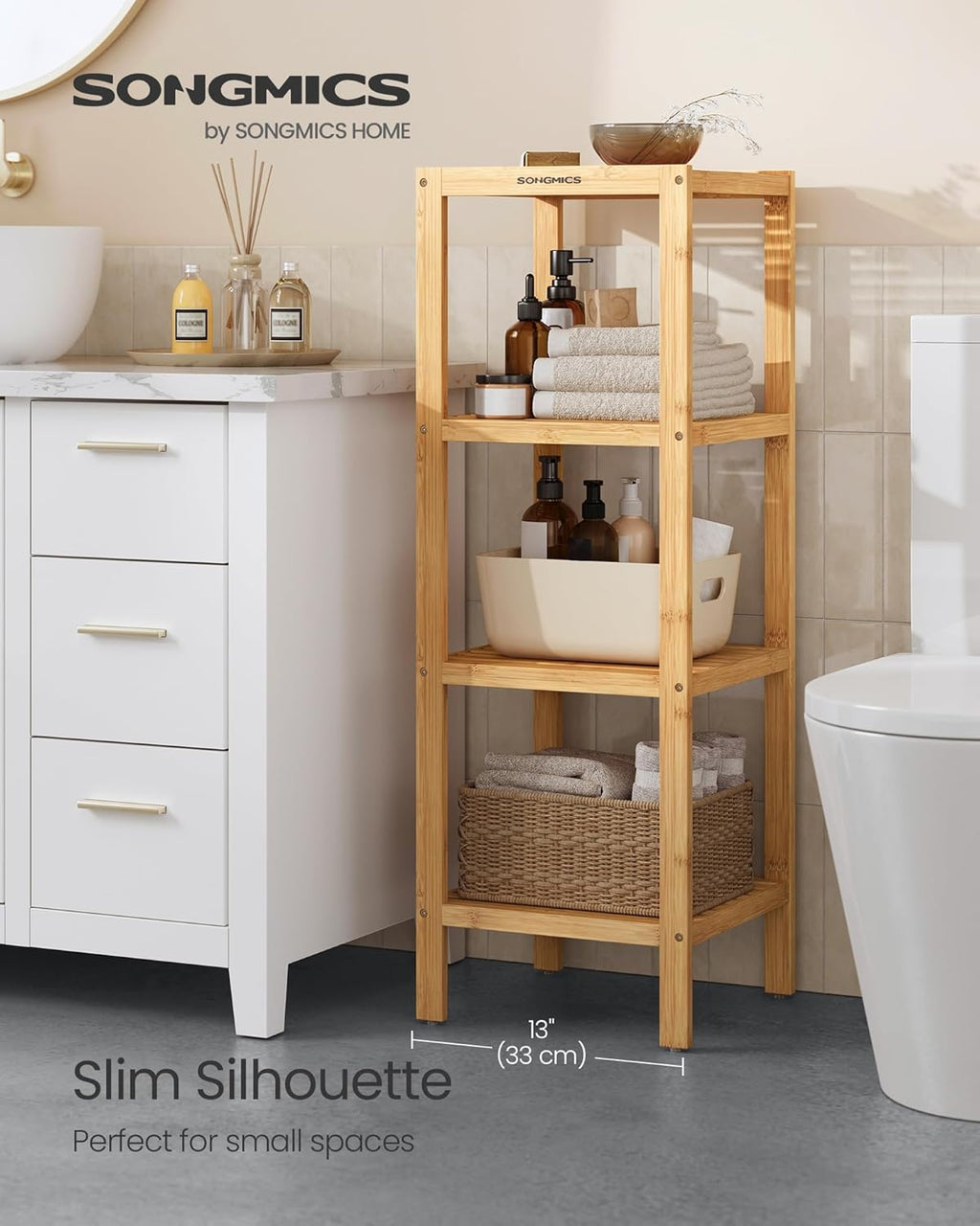SONGMICS Bamboo Storage Shelf, 4-Tier Shelving Unit, Multifunctional, in the Entryway, Bathroom, Living Room, Balcony, Kitchen, 13 x 13 x 38.6 Inches, Light Bamboo UBCB54Y