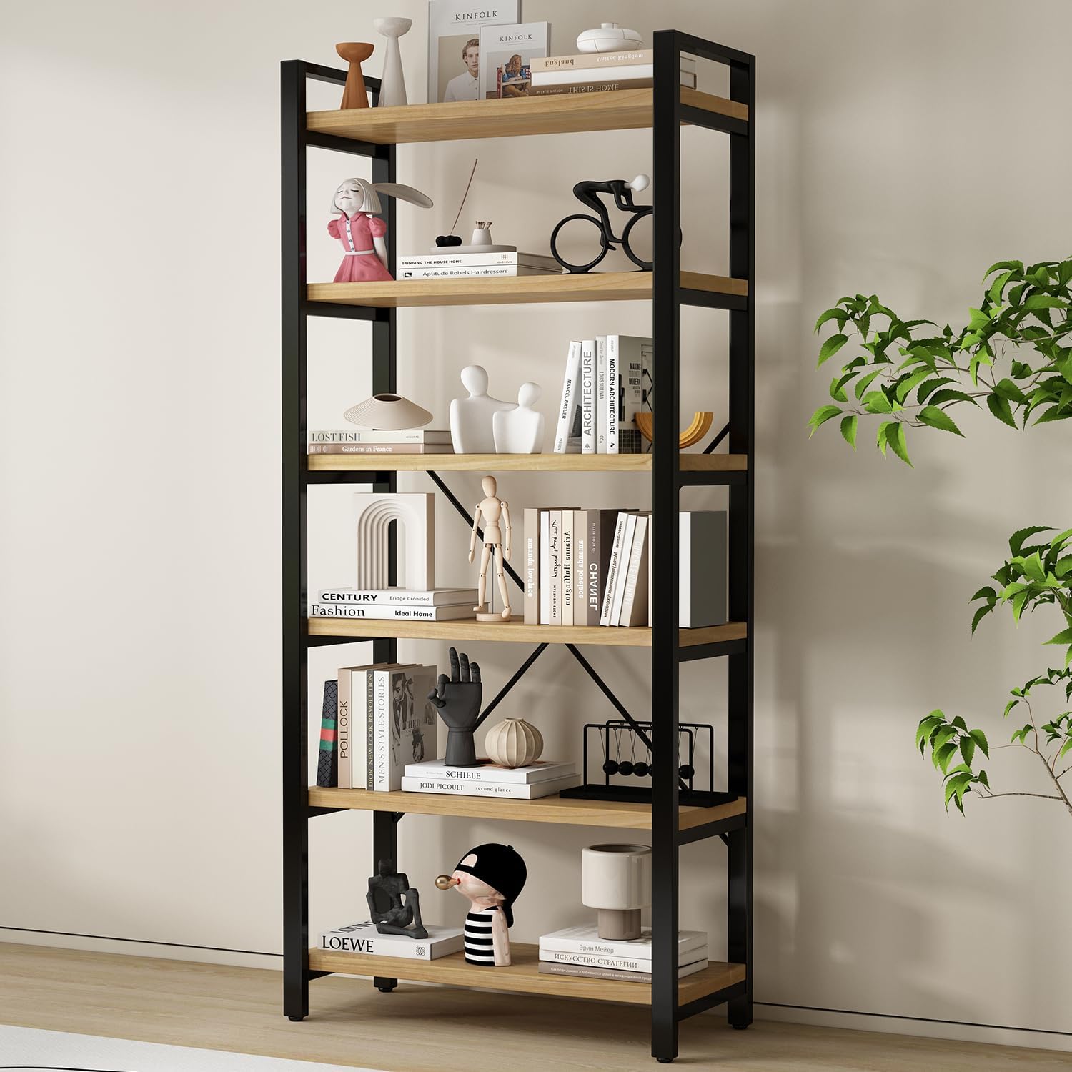 WH-AOERPUMY 5 Tier Bookcase, Solid Wood Bookshelf Rustic Vintage Industrial Etagere Bookcase, Metal and Wood Free Vintage Bookshelf, Retro Brown (5-Tiers)