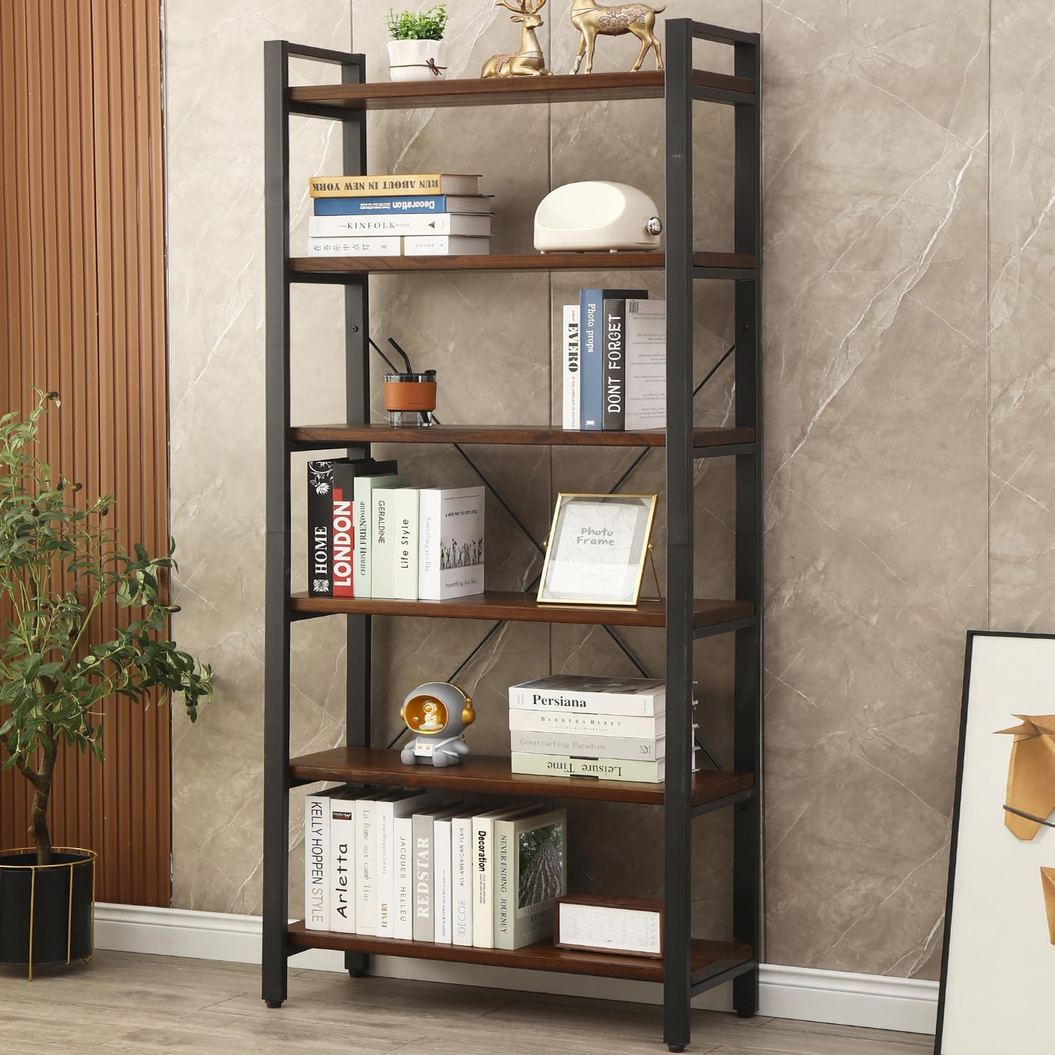 WH-AOERPUMY 5 Tier Bookcase, Solid Wood Bookshelf Rustic Vintage Industrial Etagere Bookcase, Metal and Wood Free Vintage Bookshelf, Retro Brown (5-Tiers)