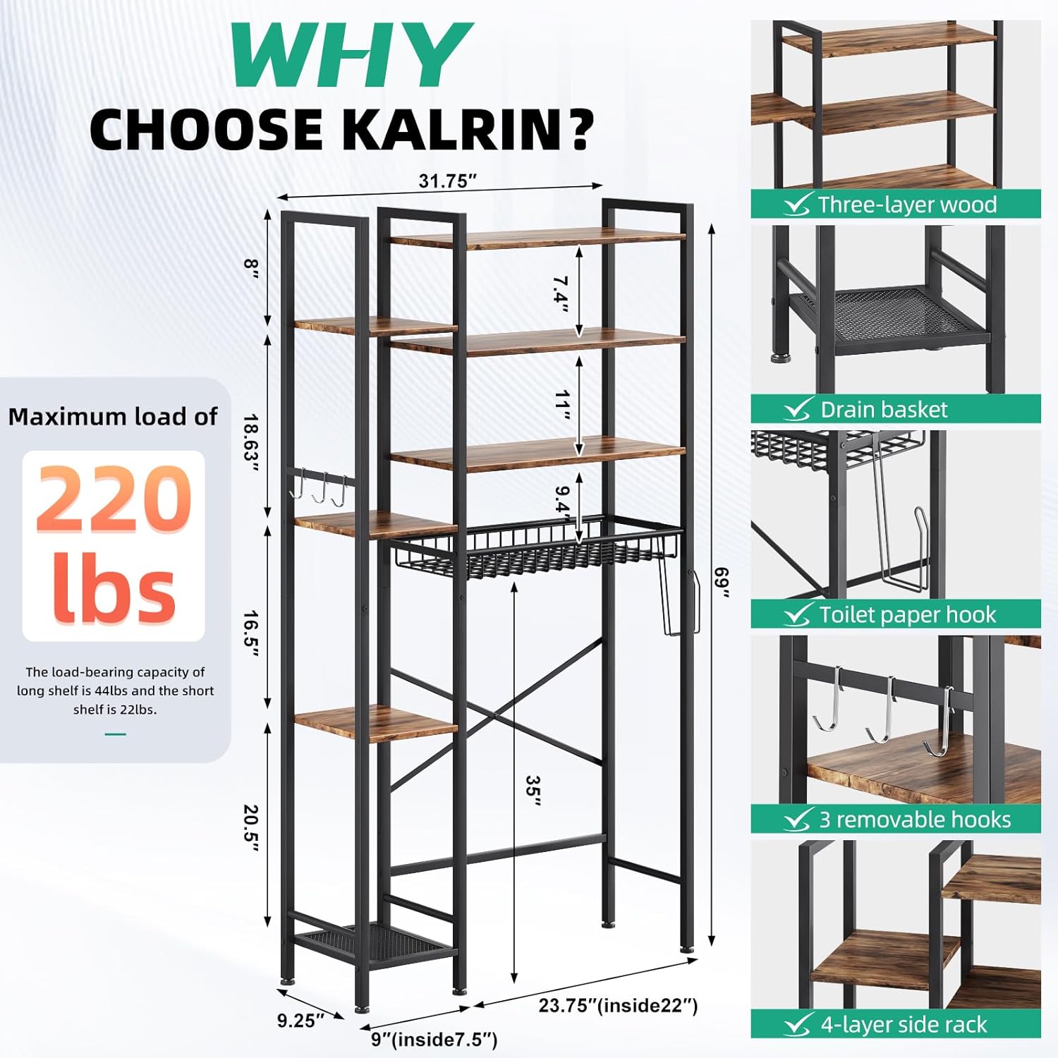 Kalrin 8-Tier Over The Toilet Storage with Side Rack, Over Toilet Storage Rack with Adjustable Shelf & Drain Basket, Freestanding Bathroom Organizer for Balcony, Laundry (Vintage Brown)