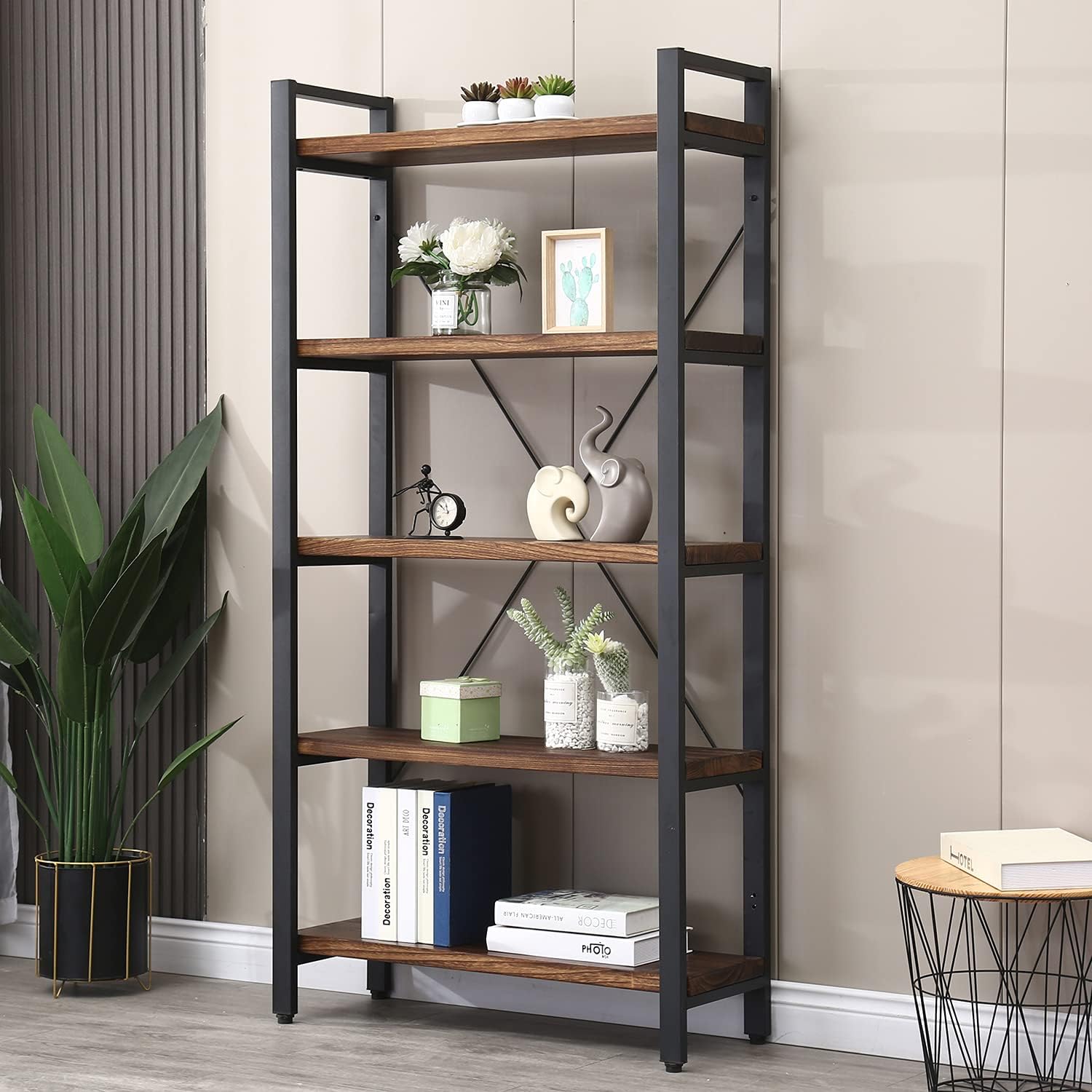 WH-AOERPUMY 5 Tier Bookcase, Solid Wood Bookshelf Rustic Vintage Industrial Etagere Bookcase, Metal and Wood Free Vintage Bookshelf, Retro Brown (5-Tiers)