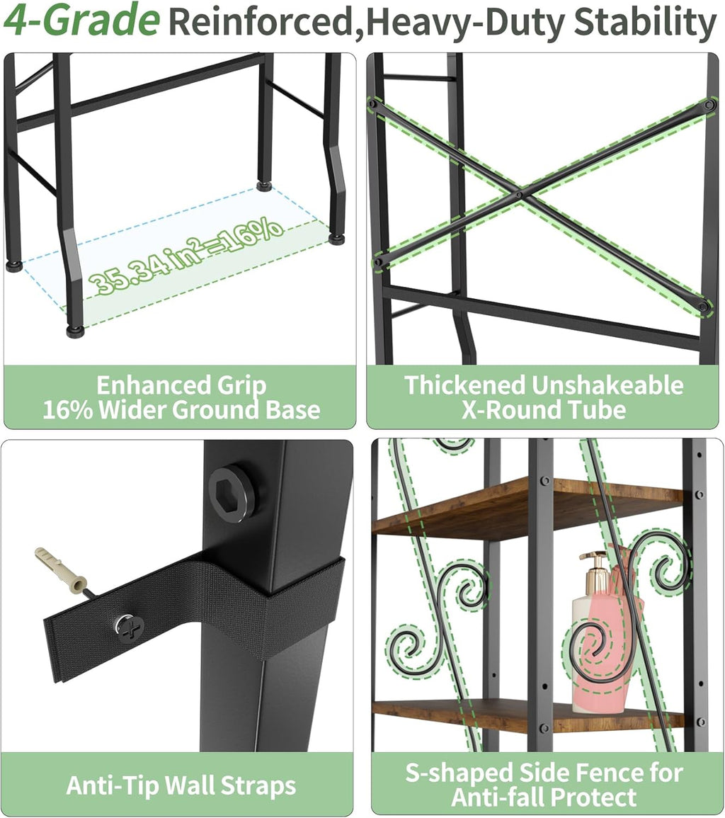 Over-The-Toilet Storage Rack 4-Tier,Bathroom Organizer Shelf Over Toilet,Adjustable Wooden Shelves and Basket,Freestanding Above Toilet Shelf,Space Saver for Rooms(Black Rack-Rustic Brown Shelves)