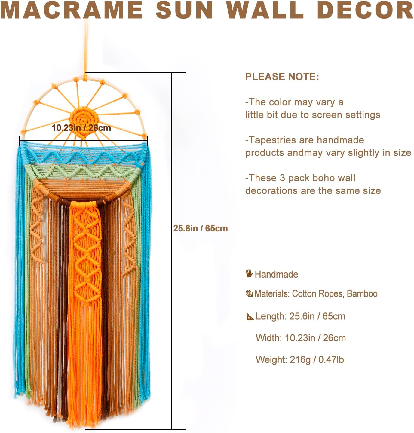 3 Pack Macrame Wall Hanging Tapestry Sunrise Sunset Wall Art Set, Hand Woven Boho Tapestries Colorful Sun Wall Decor for Bedroom Living Room Apartment (3 Pcs)