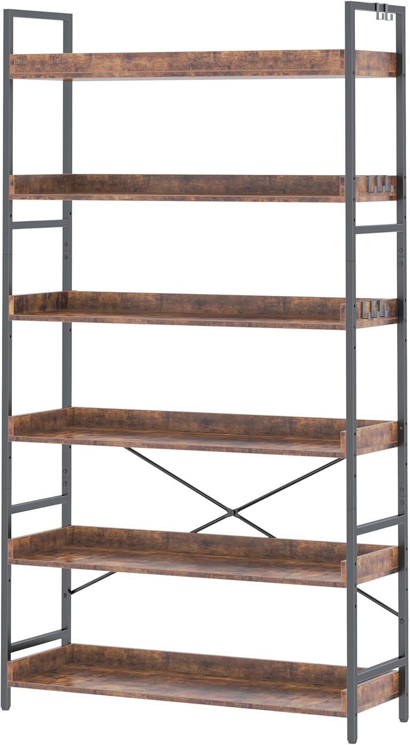 HCHQHS Bookshelf, Adjustable Industrial Bookcase, Vertical Tall Book Shelf, Wood and Black Metal Open Bookshelves for Home Office, Living Room, Bedroom (Rustic Brown, 6-Tier (31" W x 70" H))