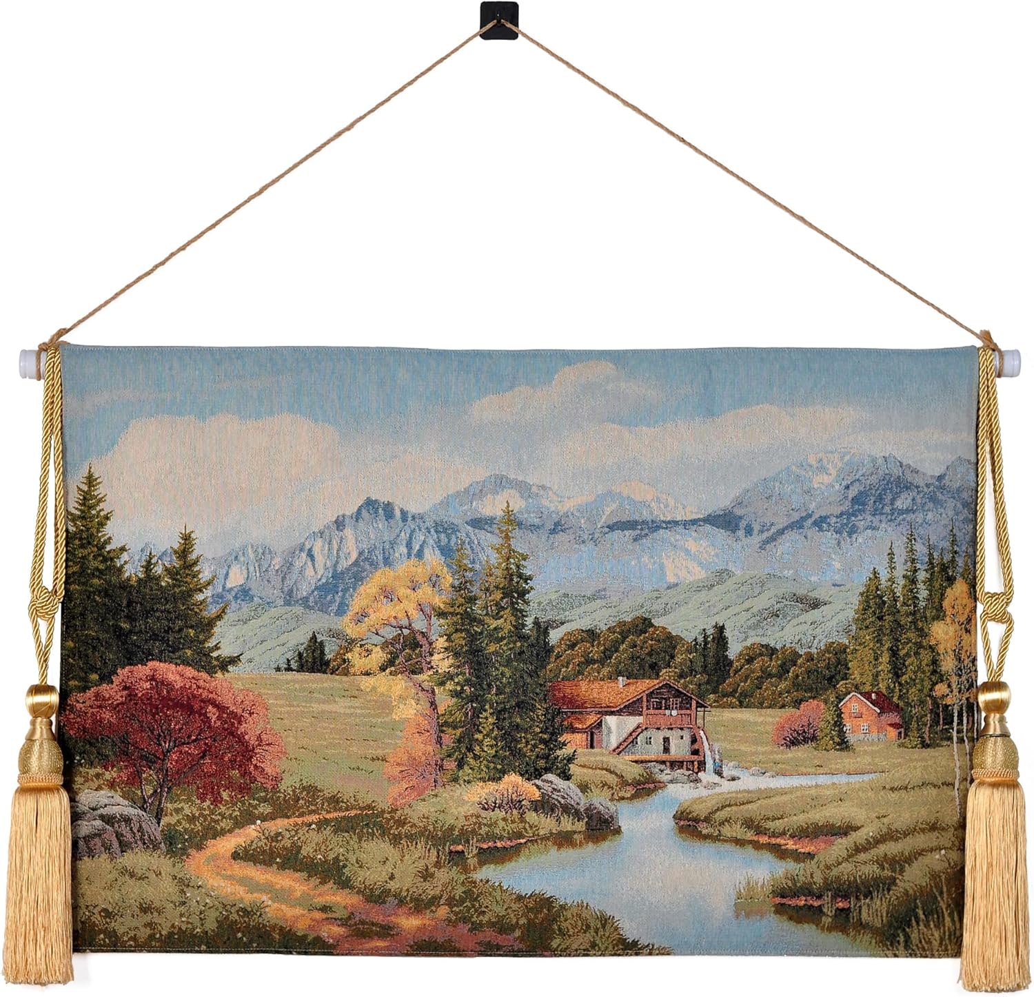Vintage Nature Tapestry Wall Hanging Set with Telescopic Rod & Tassels - Jacquard Woven Fabric Aesthetic Lake & Mountain Landscape Wall Tapestry for Bedroom/Living Room Decor Green Art (42"x27")