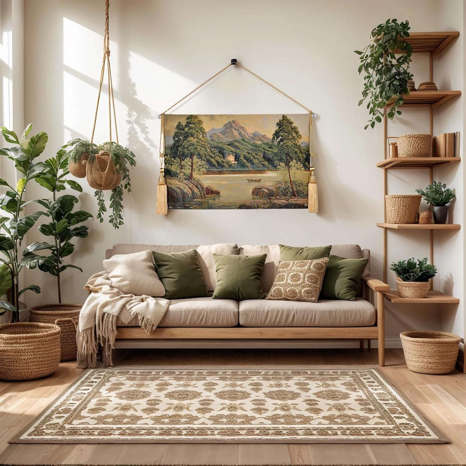 Vintage Nature Tapestry Wall Hanging Set with Telescopic Rod & Tassels - Jacquard Woven Fabric Aesthetic Lake & Mountain Landscape Wall Tapestry for Bedroom/Living Room Decor Green Art (42"x27")