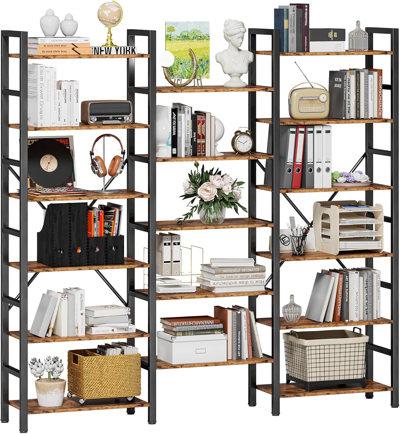 IRONCK Bookcases and Bookshelves Triple Wide 5 Tiers Industrial Bookshelf, Large Etagere Bookshelf Open Display Shelves with Metal Frame for Living Room Bedroom Home Office