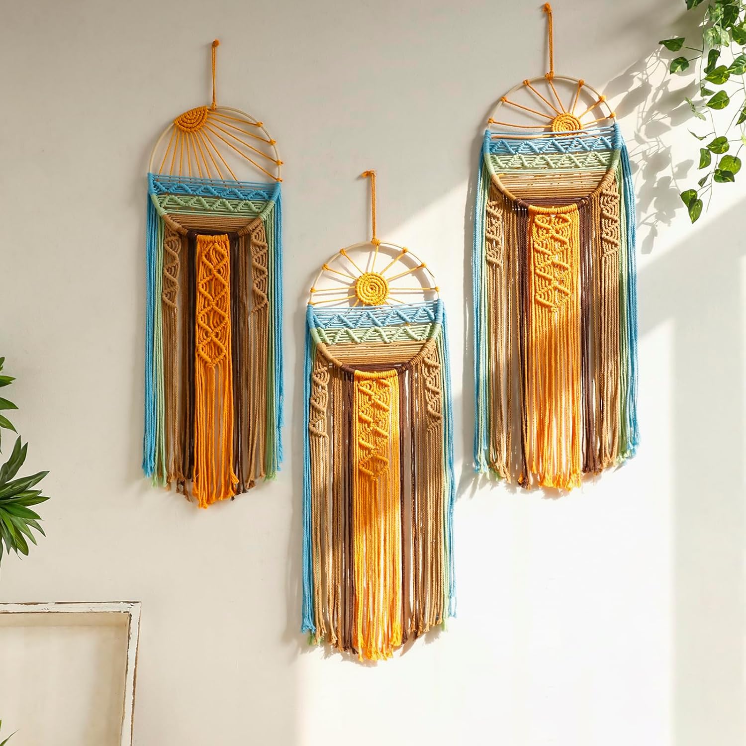 3 Pack Macrame Wall Hanging Tapestry Sunrise Sunset Wall Art Set, Hand Woven Boho Tapestries Colorful Sun Wall Decor for Bedroom Living Room Apartment (3 Pcs)