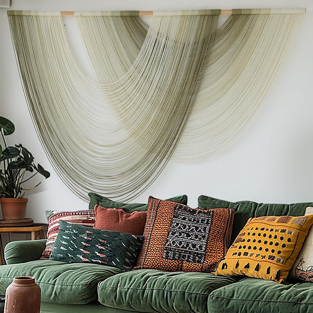 Macrame Wall Hanging Boho Wall Decor Tapestry Dip Dyed Ombre Moss Green Handmade Wall Art Woven Cotton Rope Backdrop with for Bedroom Living Room, 57" W x 39" L