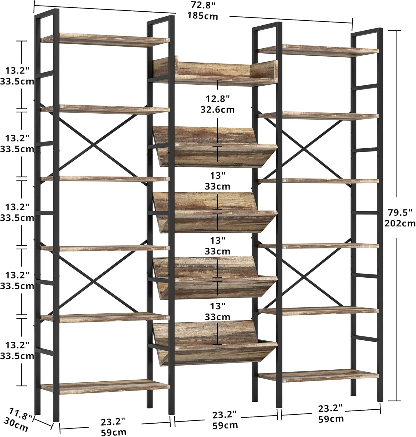IRONCK Industrial Bookshelves 6 Tiers Triple Wide Bookshelf, Large Etagere Bookshelf Open Record Player Shelves with Metal Frame for Living Room Home Office