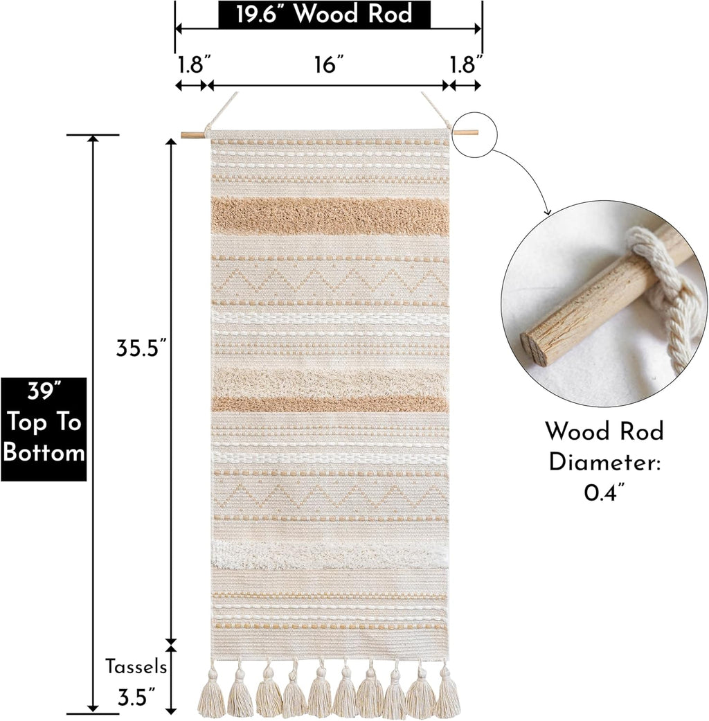 BlissBlush Long Vertical Wall Hanging Tapestry Woven Boho Farmhouse Decor Cream Beige Tassel Handmade Wall Art Decoration for Bedroom Living Room Dorm Nursery Apartment, 16x39 INCH