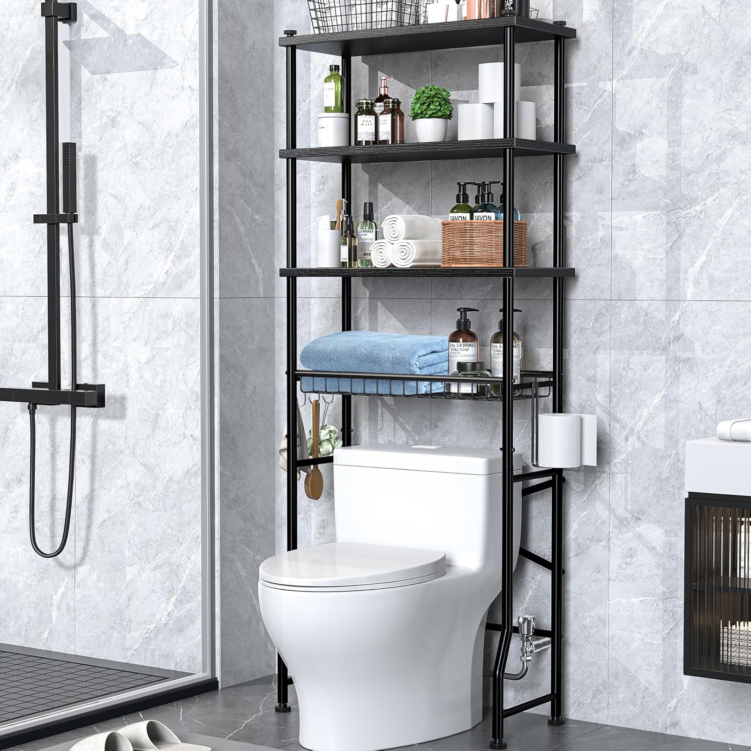 Over-The-Toilet Storage Shelves, 4-Tier Bathroom Organizer Shelf Over Toilet with Adjustable Feet Pad and Basket, Freestanding Space Saver Bathroom Storage Rack Above Toilet (Vintage Brown)