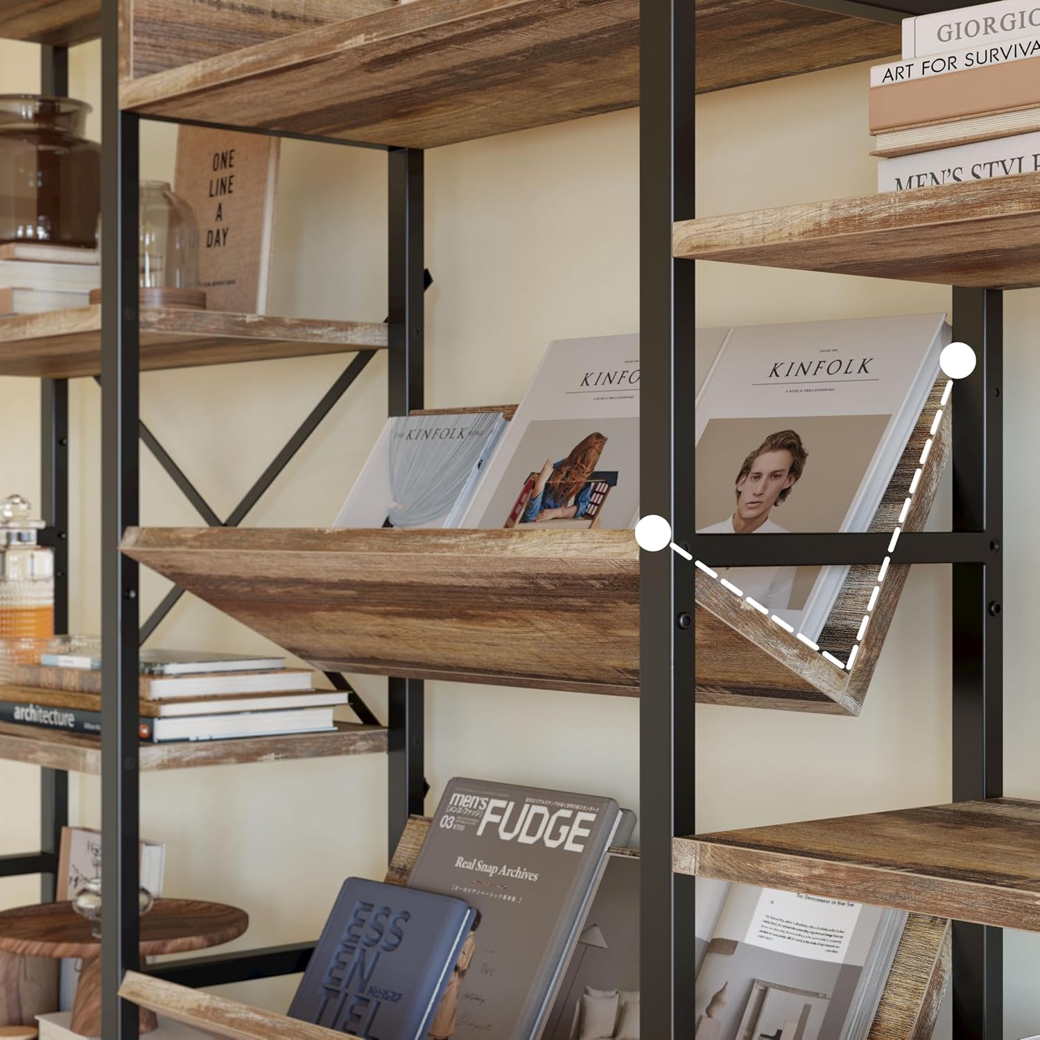 IRONCK Industrial Bookshelves 6 Tiers Triple Wide Bookshelf, Large Etagere Bookshelf Open Record Player Shelves with Metal Frame for Living Room Home Office