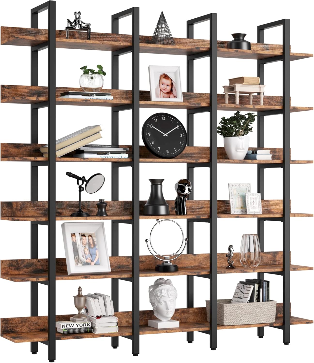 IRONCK Bookcase and Bookshelves Triple Wide 6 Tiers Large Open Shelves, Etagere Bookcases with Back Fence for Home Office Decor, Easy Assembly, Vintage Brown