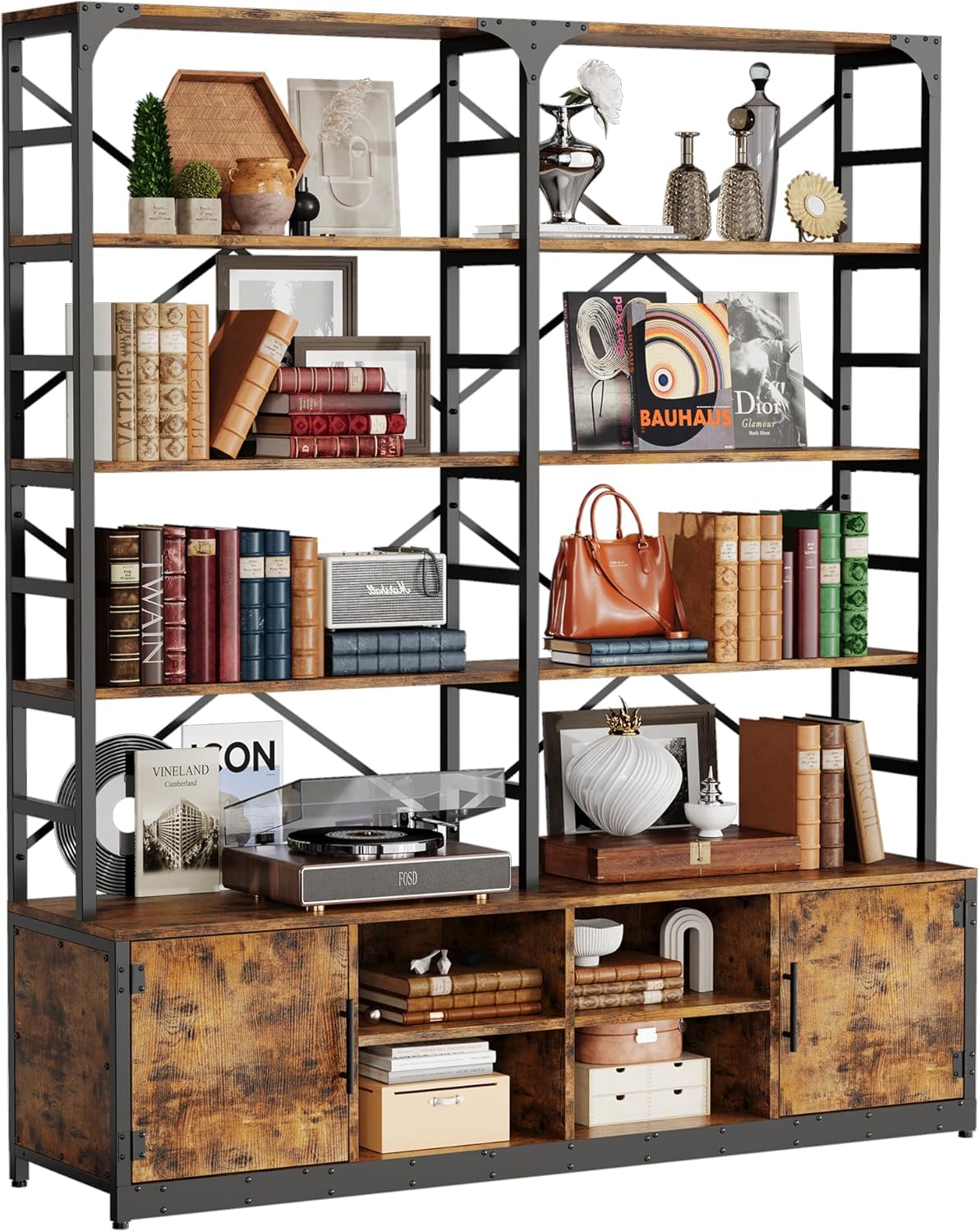 IRONCK Bookshelves 6 Tiers 73.1 inch Tall Industrial Bookshelf with Doors, Bookcase and Display Shelf, Open Storage Cabinet for Living Room, Home Office