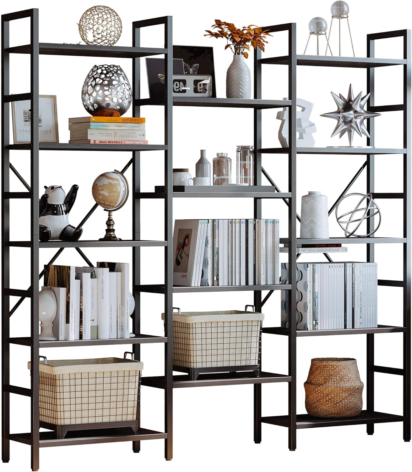 IRONCK Bookcases and Bookshelves Triple Wide 5 Tiers Industrial Bookshelf, Large Etagere Bookshelf Open Display Shelves with Metal Frame for Living Room Bedroom Home Office