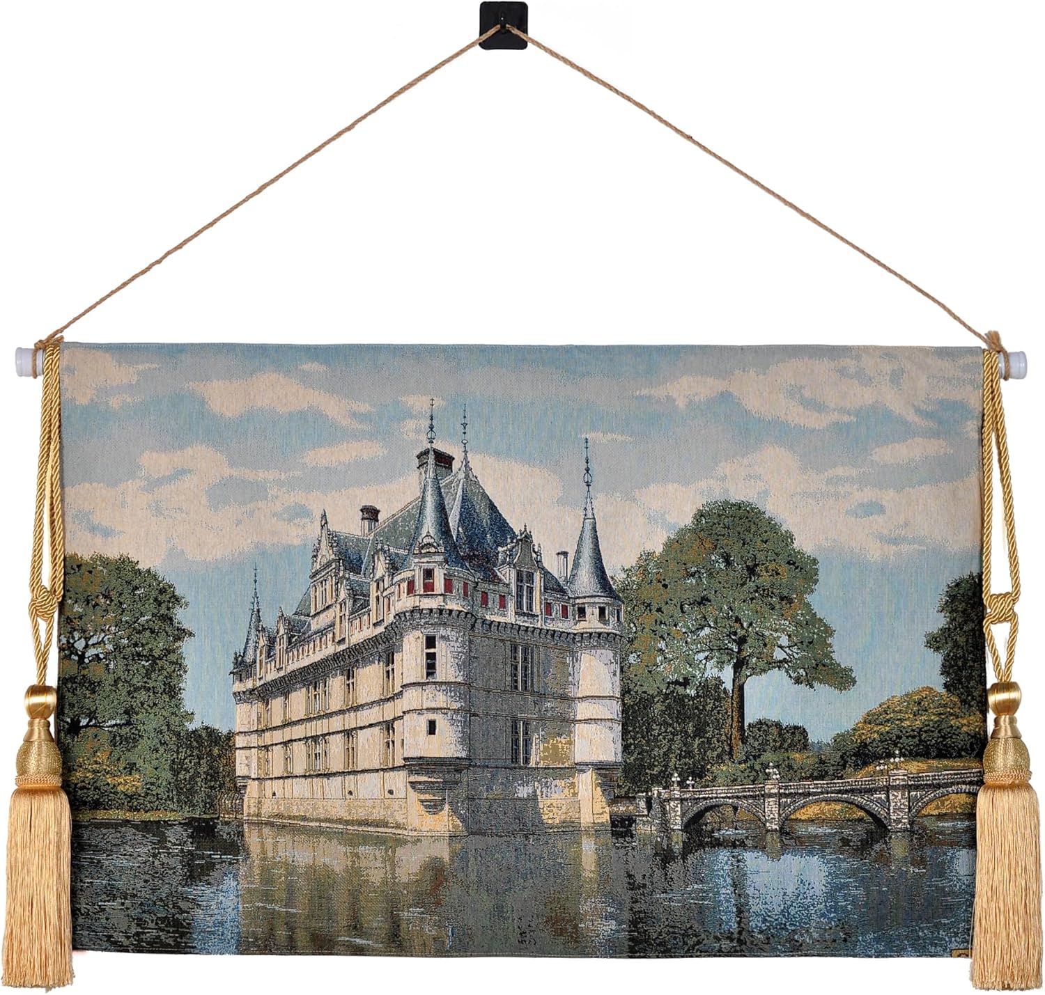 Vintage Nature Tapestry Wall Hanging Set with Telescopic Rod & Tassels - Jacquard Woven Fabric Aesthetic Lake & Mountain Landscape Wall Tapestry for Bedroom/Living Room Decor Green Art (42"x27")