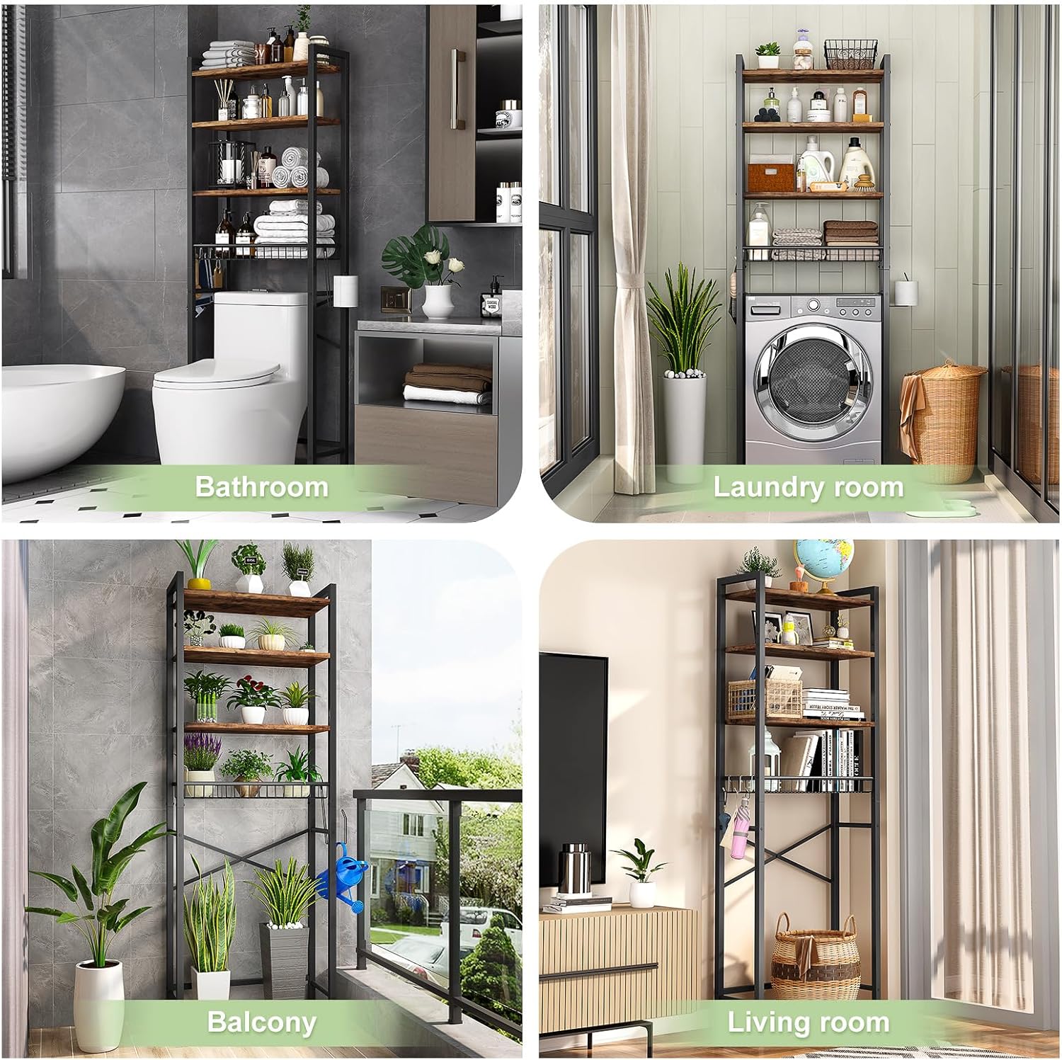 Kalrin Over-The-Toilet Storage Rack, 4-Tier Bathroom Organizer Shelf Over Toilet with Adjustable Shelf and Basket, Freestanding Space Saver Bathroom Shelves Above Toilet for Room (Vintage Brown)