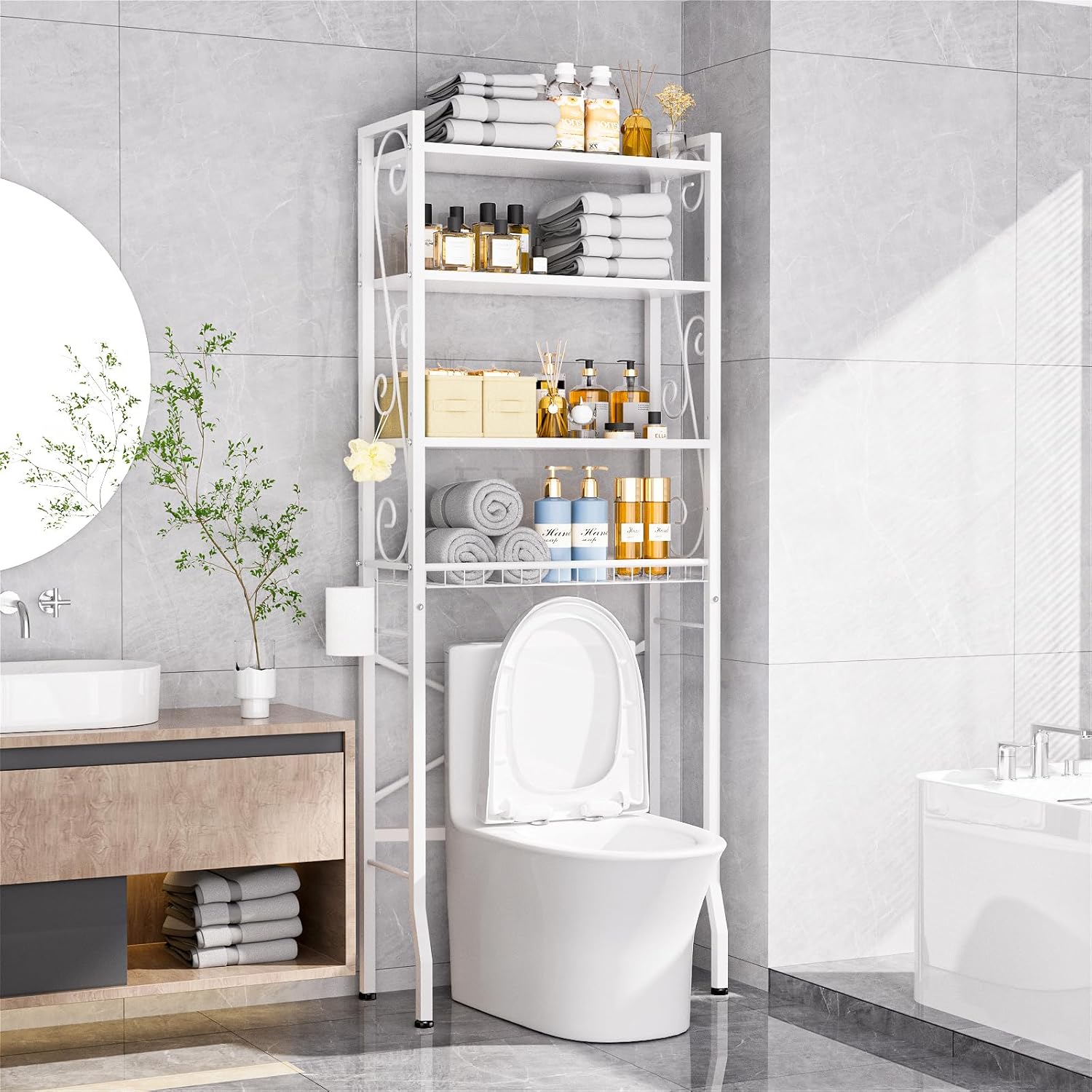 Over-The-Toilet Storage Rack 4-Tier,Bathroom Organizer Shelf Over Toilet,Adjustable Wooden Shelves and Basket,Freestanding Above Toilet Shelf,Space Saver for Rooms(Black Rack-Rustic Brown Shelves)