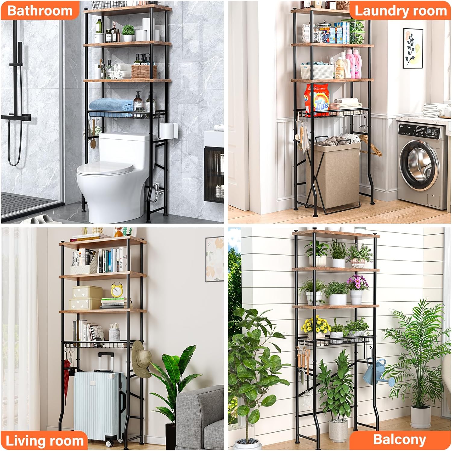 Over-The-Toilet Storage Shelves, 4-Tier Bathroom Organizer Shelf Over Toilet with Adjustable Feet Pad and Basket, Freestanding Space Saver Bathroom Storage Rack Above Toilet (Vintage Brown)