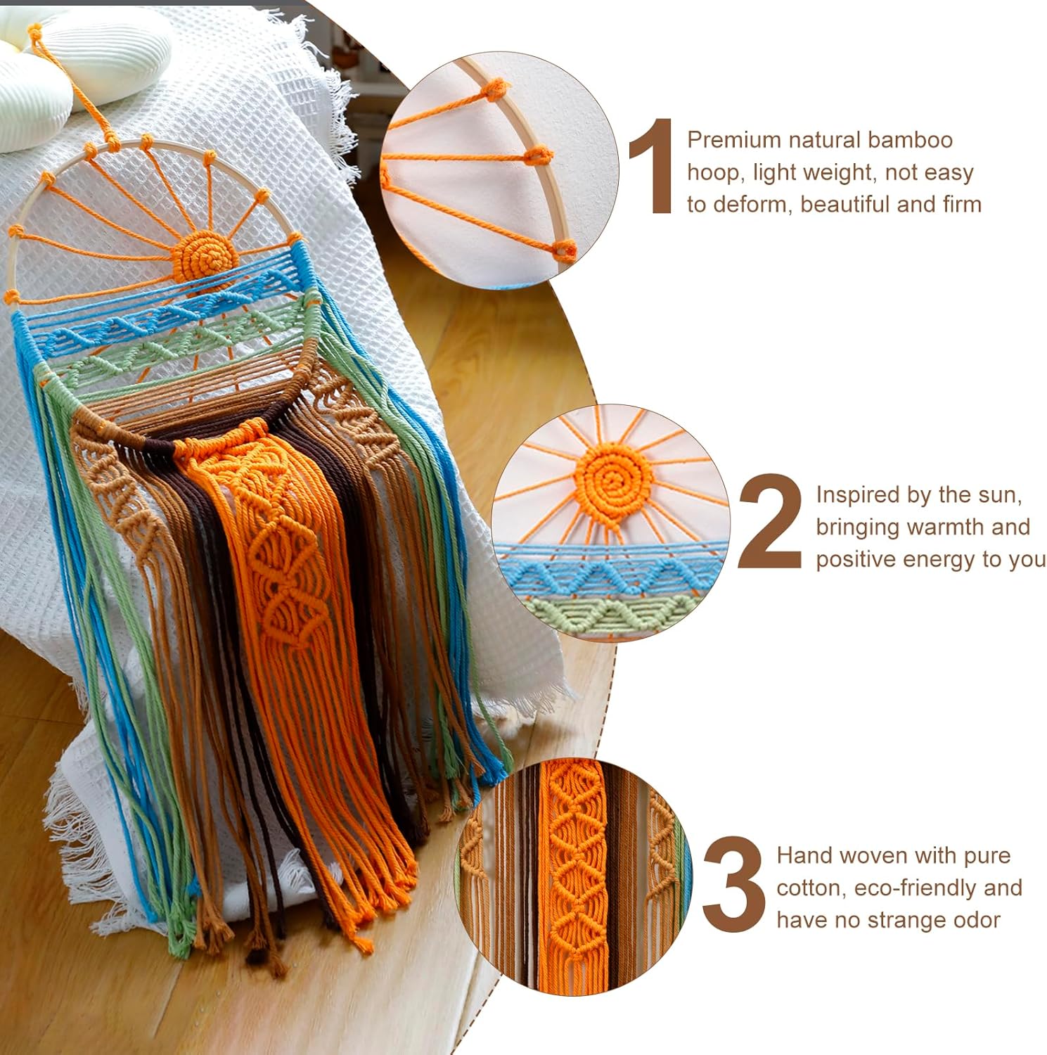 3 Pack Macrame Wall Hanging Tapestry Sunrise Sunset Wall Art Set, Hand Woven Boho Tapestries Colorful Sun Wall Decor for Bedroom Living Room Apartment (3 Pcs)