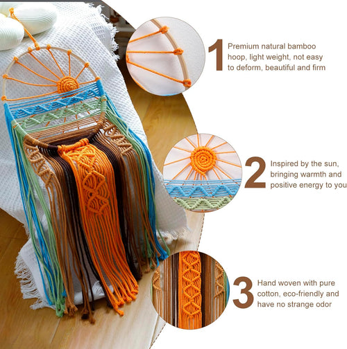 3 Pack Macrame Wall Hanging Tapestry Sunrise Sunset Wall Art Set, Hand Woven Boho Tapestries Colorful Sun Wall Decor for Bedroom Living Room Apartment (3 Pcs)