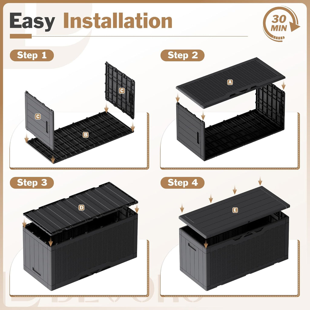 Devoko 100 Gallon Waterproof Large Resin Deck Box Indoor Outdoor Lockable Storage Container for Patio Furniture Cushions Garden Tools (100 Gallon, Black)