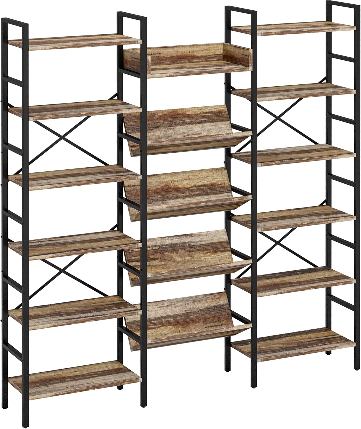 IRONCK Industrial Bookshelves 6 Tiers Triple Wide Bookshelf, Large Etagere Bookshelf Open Record Player Shelves with Metal Frame for Living Room Home Office