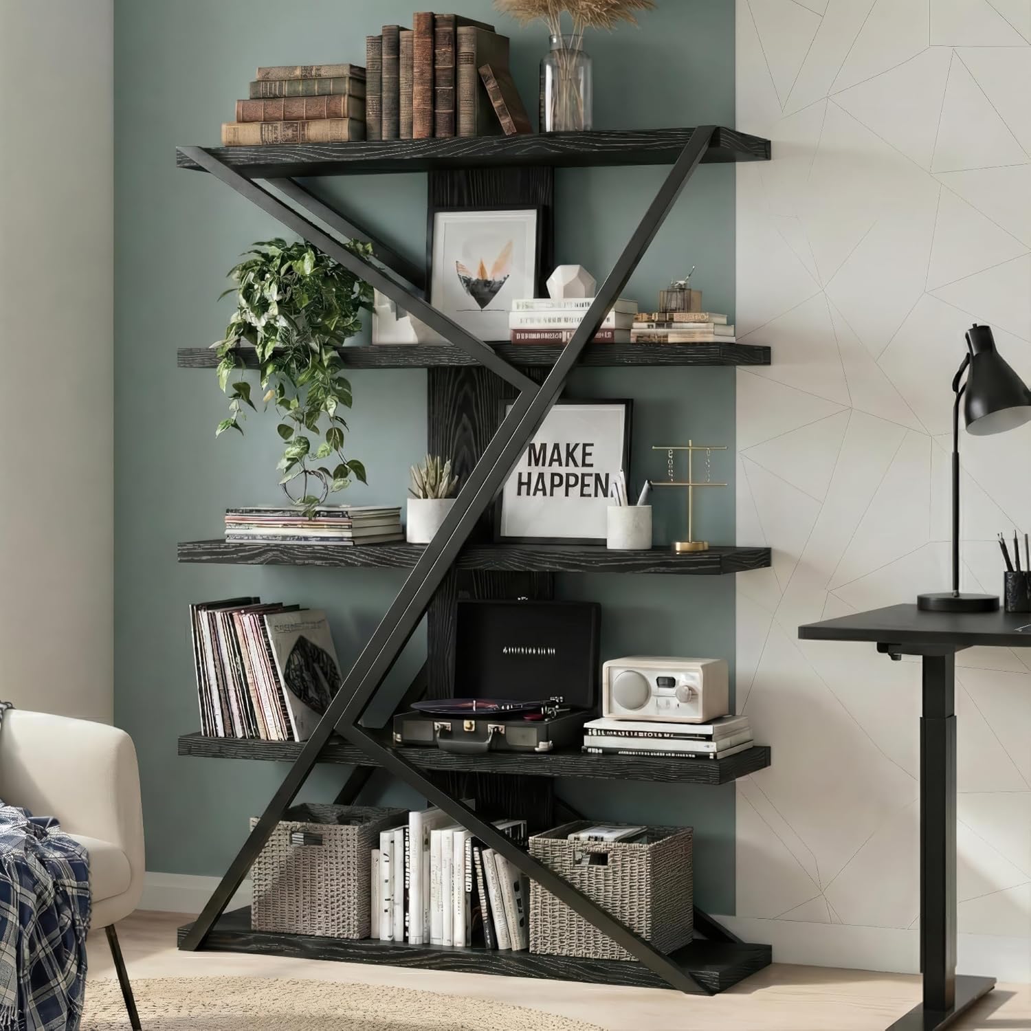 FUSUNBAO Industrial Bookshelf, Vintage 5-Tier Tall Bookcase with Wood and Metal Frame, Rustic Large Display Shelf for Home Office, 67" H x 47" L x 12" W, Rustic Brown