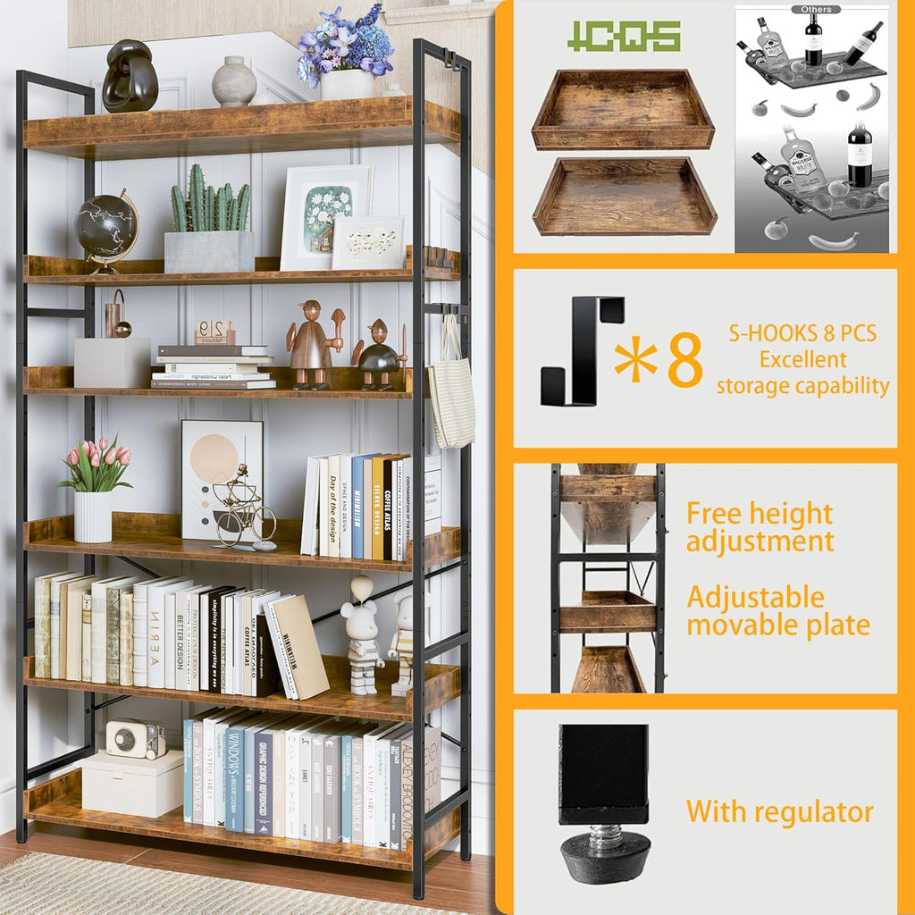 HCHQHS Bookshelf, Adjustable Industrial Bookcase, Vertical Tall Book Shelf, Wood and Black Metal Open Bookshelves for Home Office, Living Room, Bedroom (Rustic Brown, 6-Tier (31" W x 70" H))