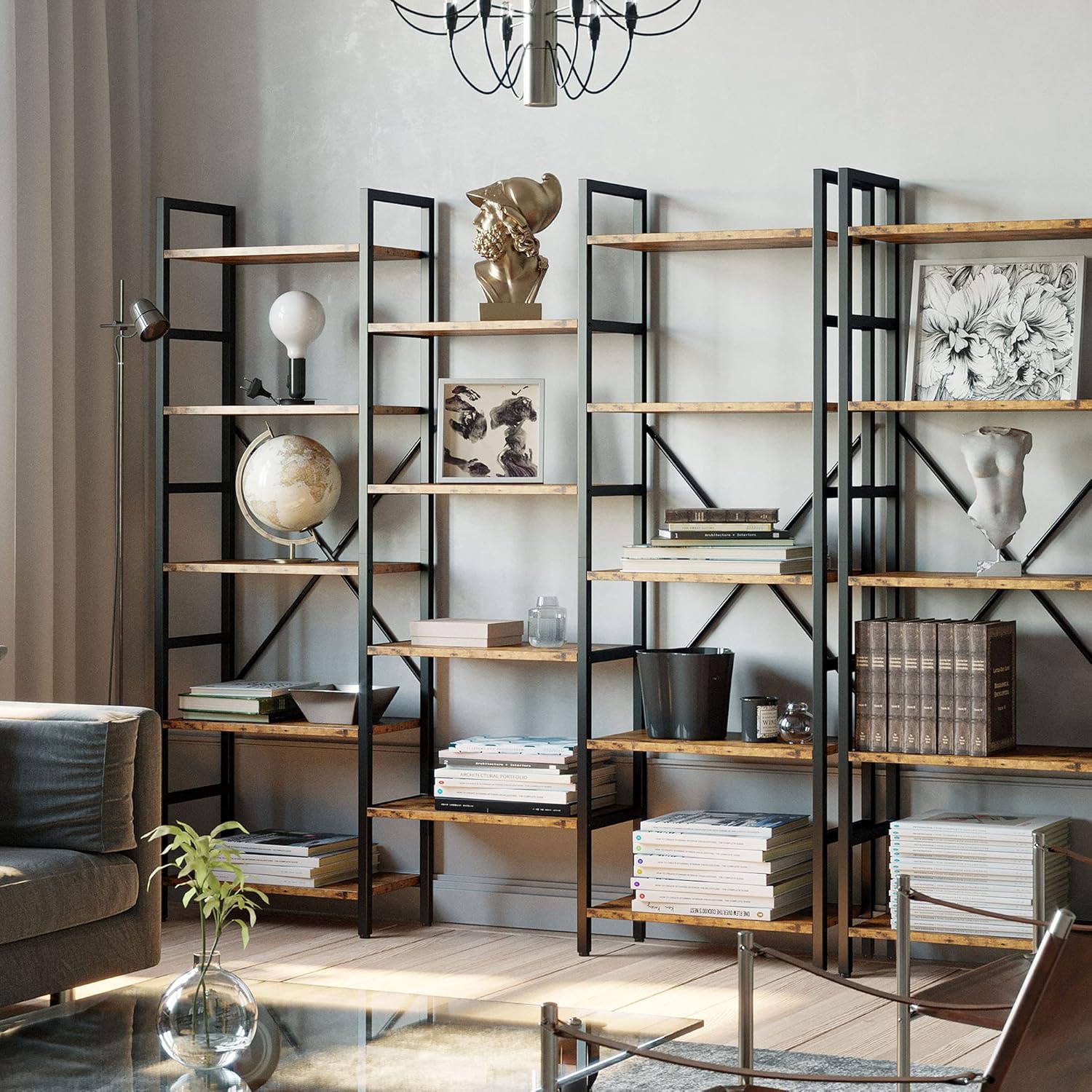 IRONCK Bookcases and Bookshelves Triple Wide 5 Tiers Industrial Bookshelf, Large Etagere Bookshelf Open Display Shelves with Metal Frame for Living Room Bedroom Home Office