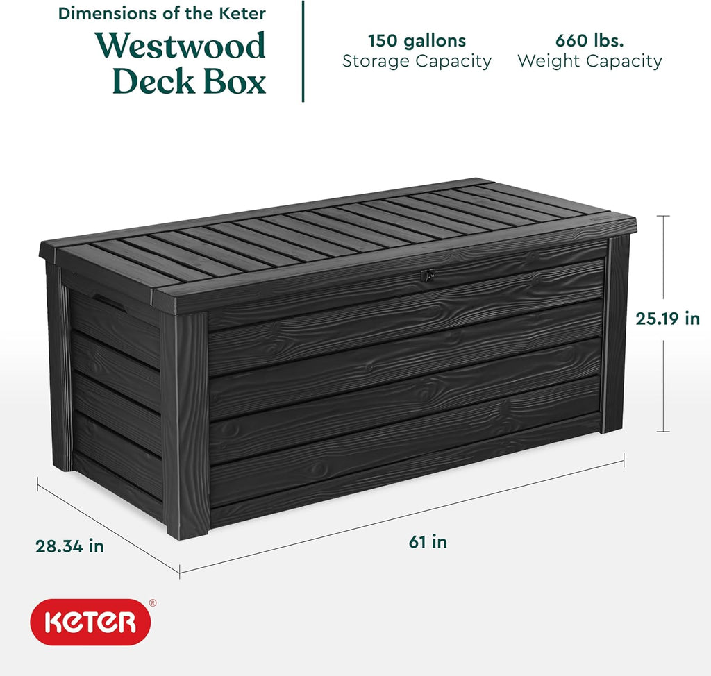 Keter Westwood 150 Gallon Resin Large Outdoor Storage Box for Patio Furniture, Outdoor Cushions, Garden Tools and Pool Floats, Dark Grey