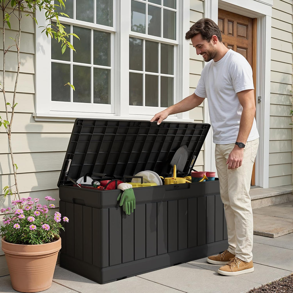 Devoko 78 Gallon Deck Box, Waterproof Resin Outdoor Storage Box for Outside and Patio, Outdoor Storage Bench Lockable for Patio Furniture, Garden Tools and Pool Supplies (Black, 78 Gallon)