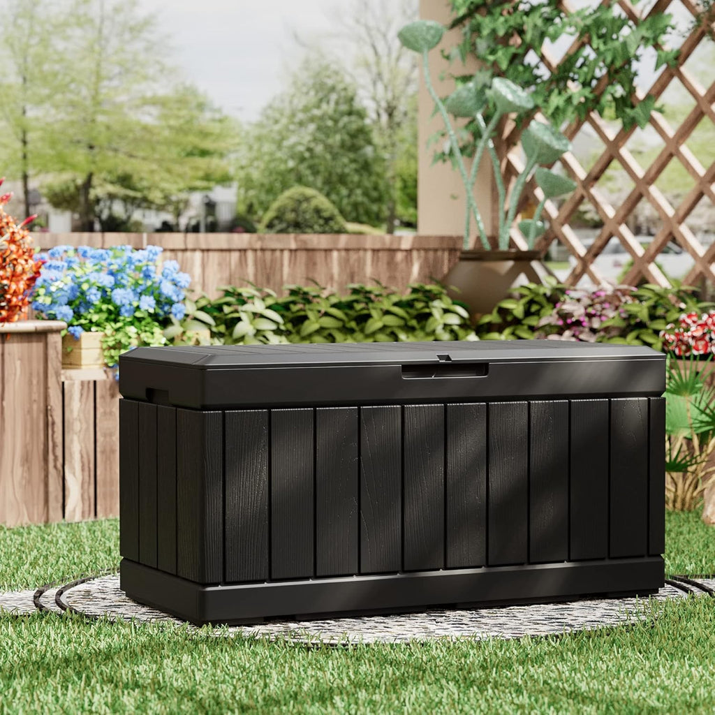 Greesum 82 Gallon Resin Deck Box All Weather Large Outdoor Storage for Patio Furniture, Toys, Garden Tools, Lockable, Black