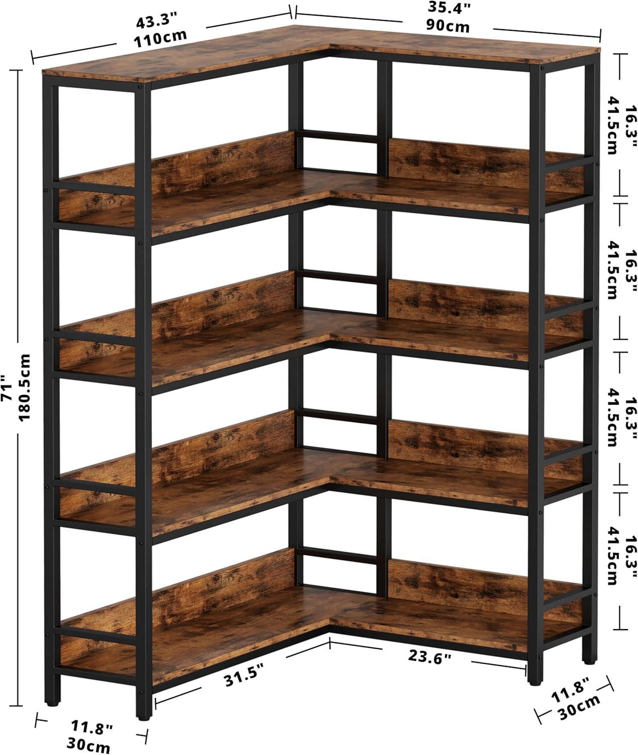 IRONCK Corner Bookshelf 5 Tiers, Industrial Corner Bookcase with Baffles Etagere, L Shaped Bookshelves with Metal Frame, Corner Shelf Storage Rack for Living Room Home Office