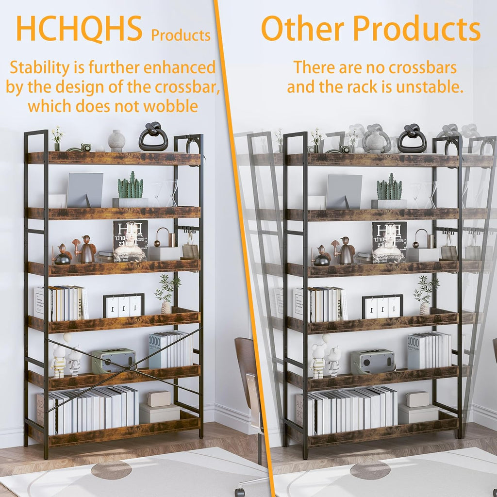 HCHQHS Bookshelf, Adjustable Industrial Bookcase, Vertical Tall Book Shelf, Wood and Black Metal Open Bookshelves for Home Office, Living Room, Bedroom (Rustic Brown, 6-Tier (31" W x 70" H))